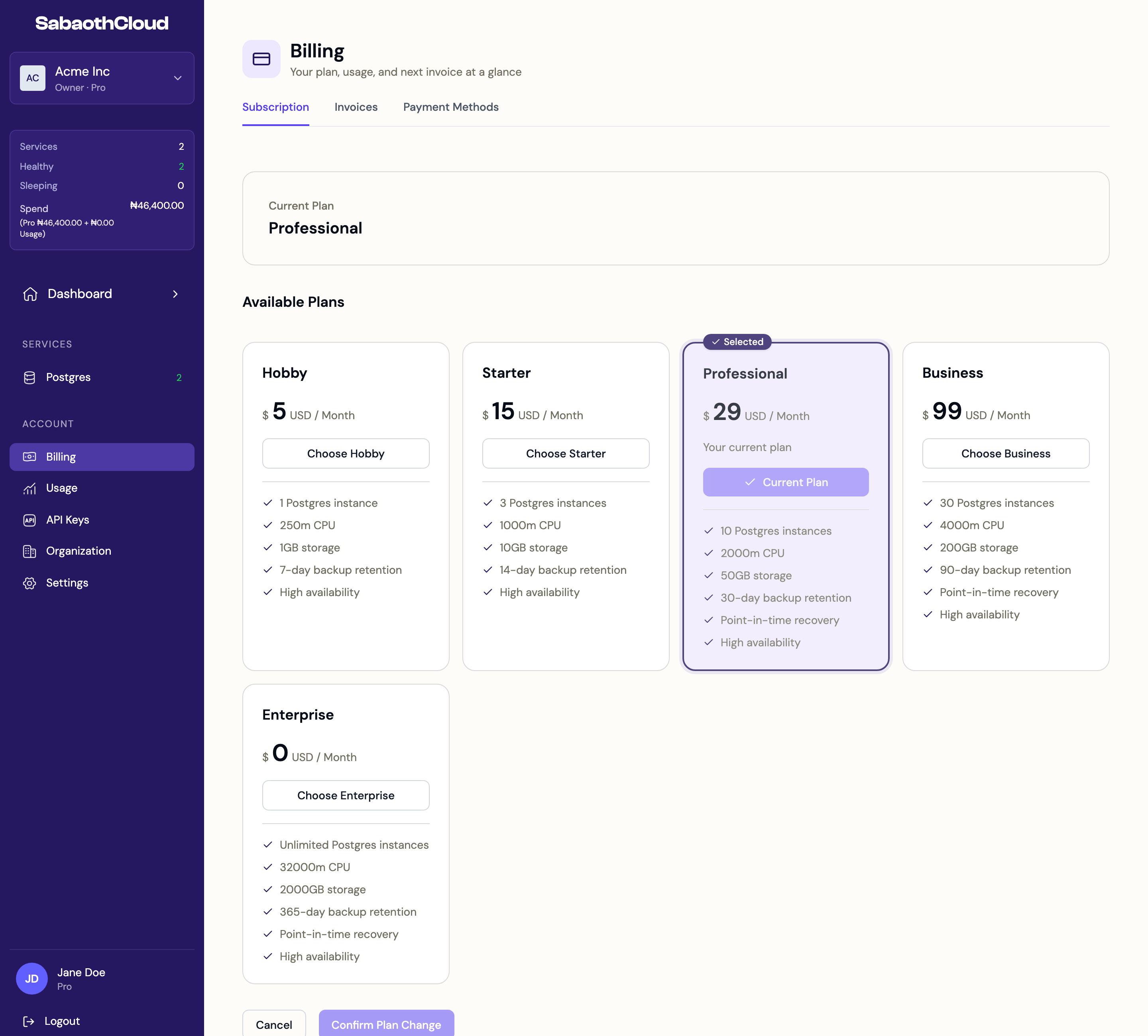 The Change Plan page listing available plans