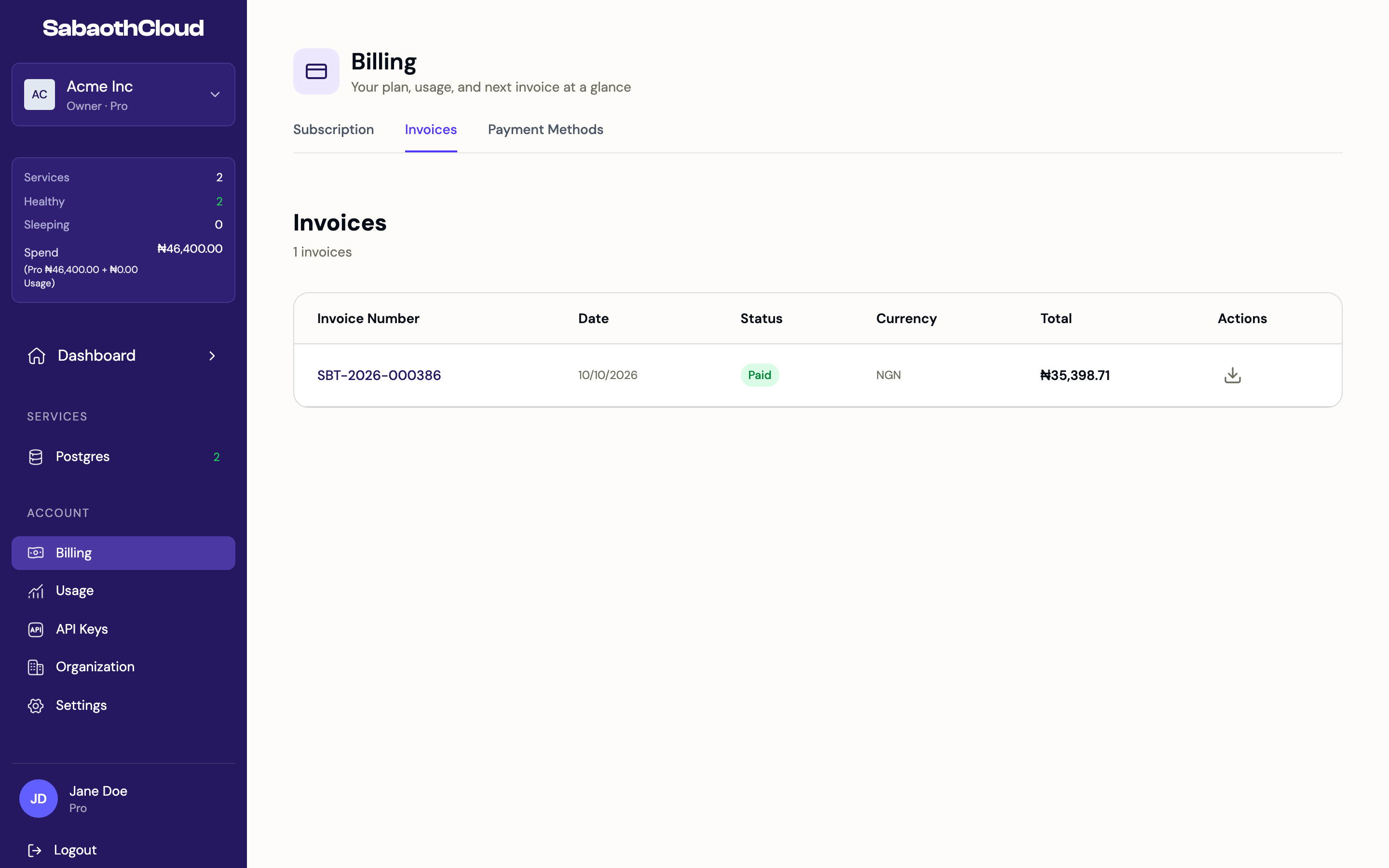 The Invoices tab listing invoices