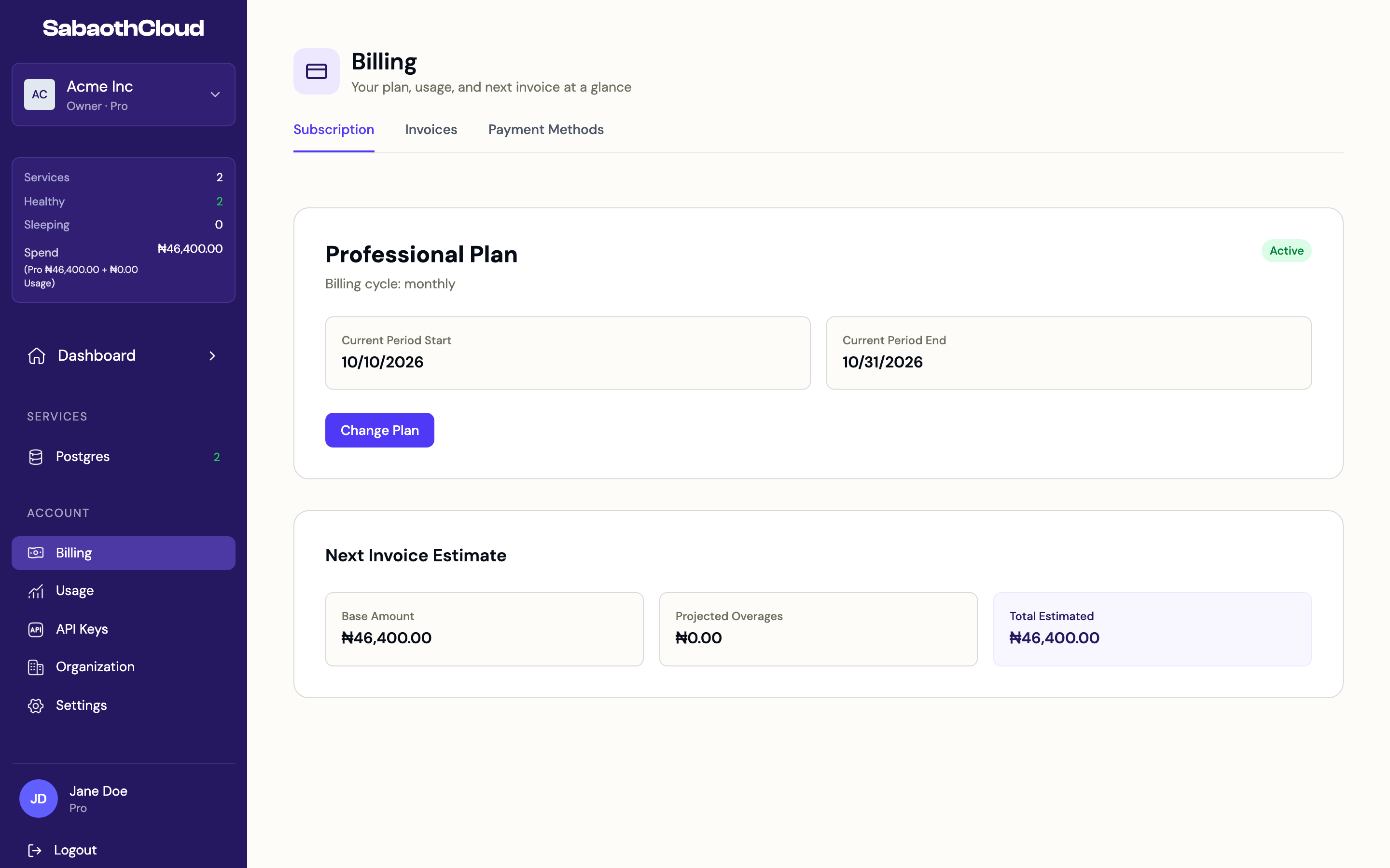 The Subscription tab with the current plan, billing period and next invoice estimate