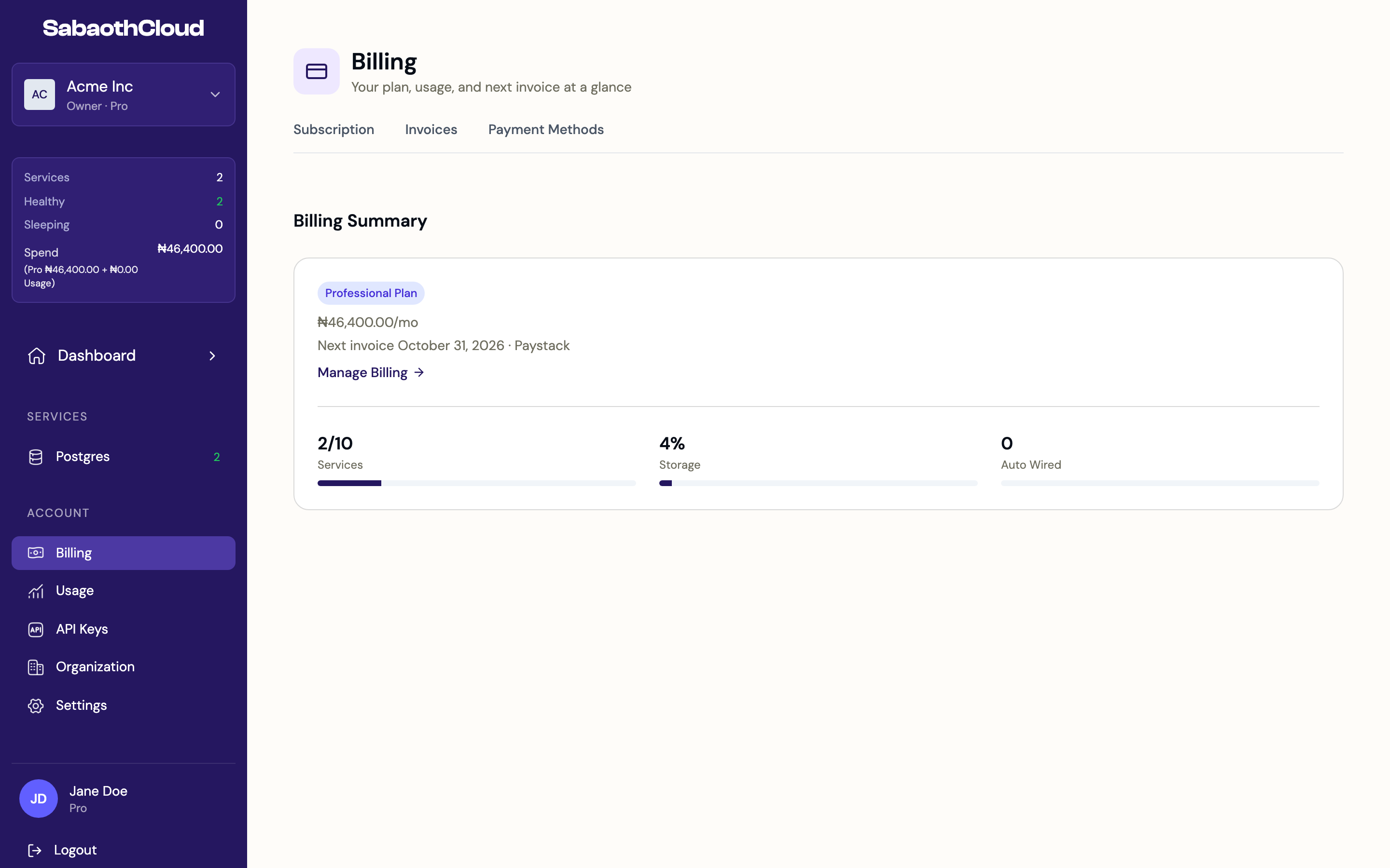 The Billing page showing the plan, next invoice and usage meters