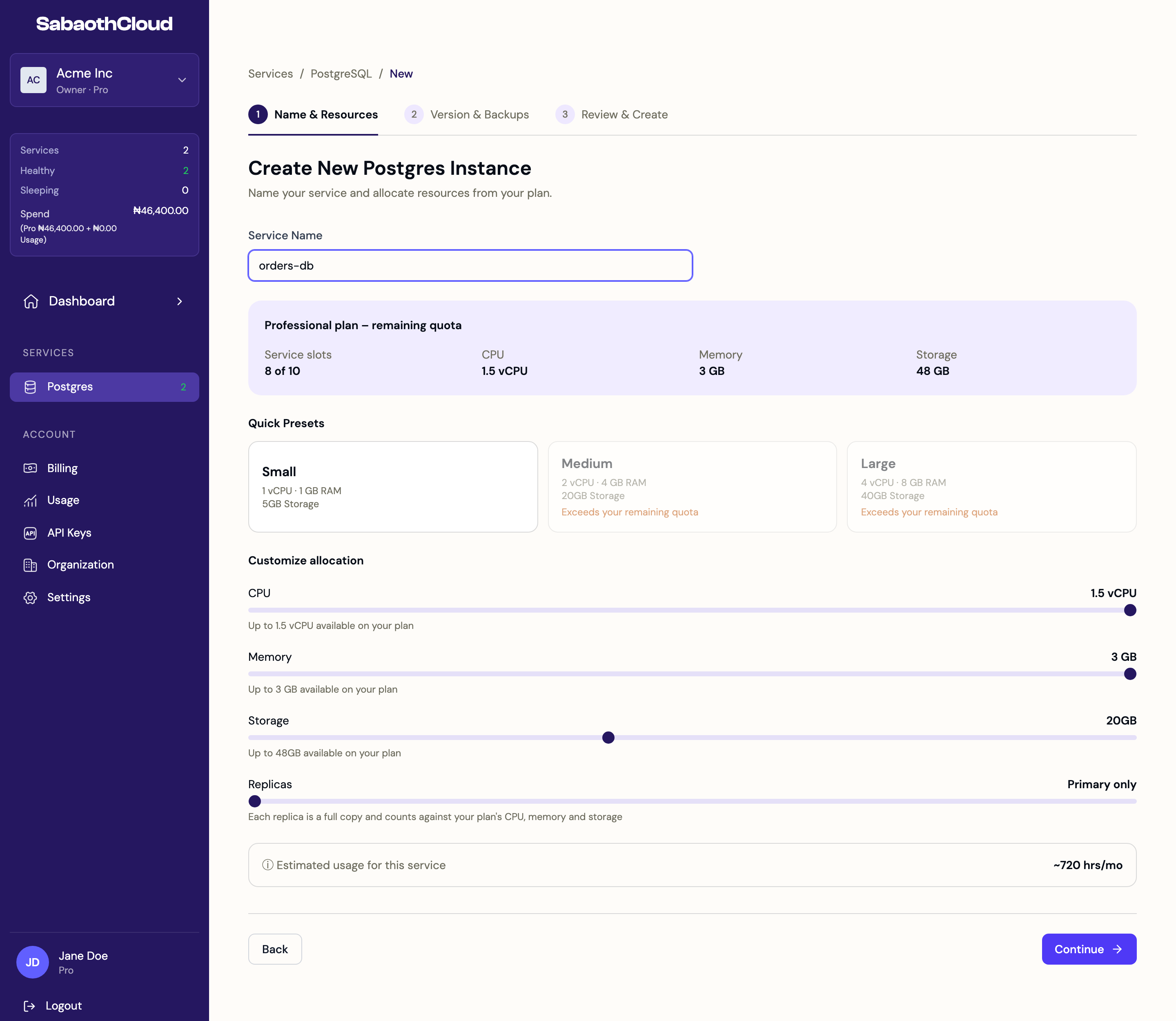Step 1 of creating a service: name and resources
