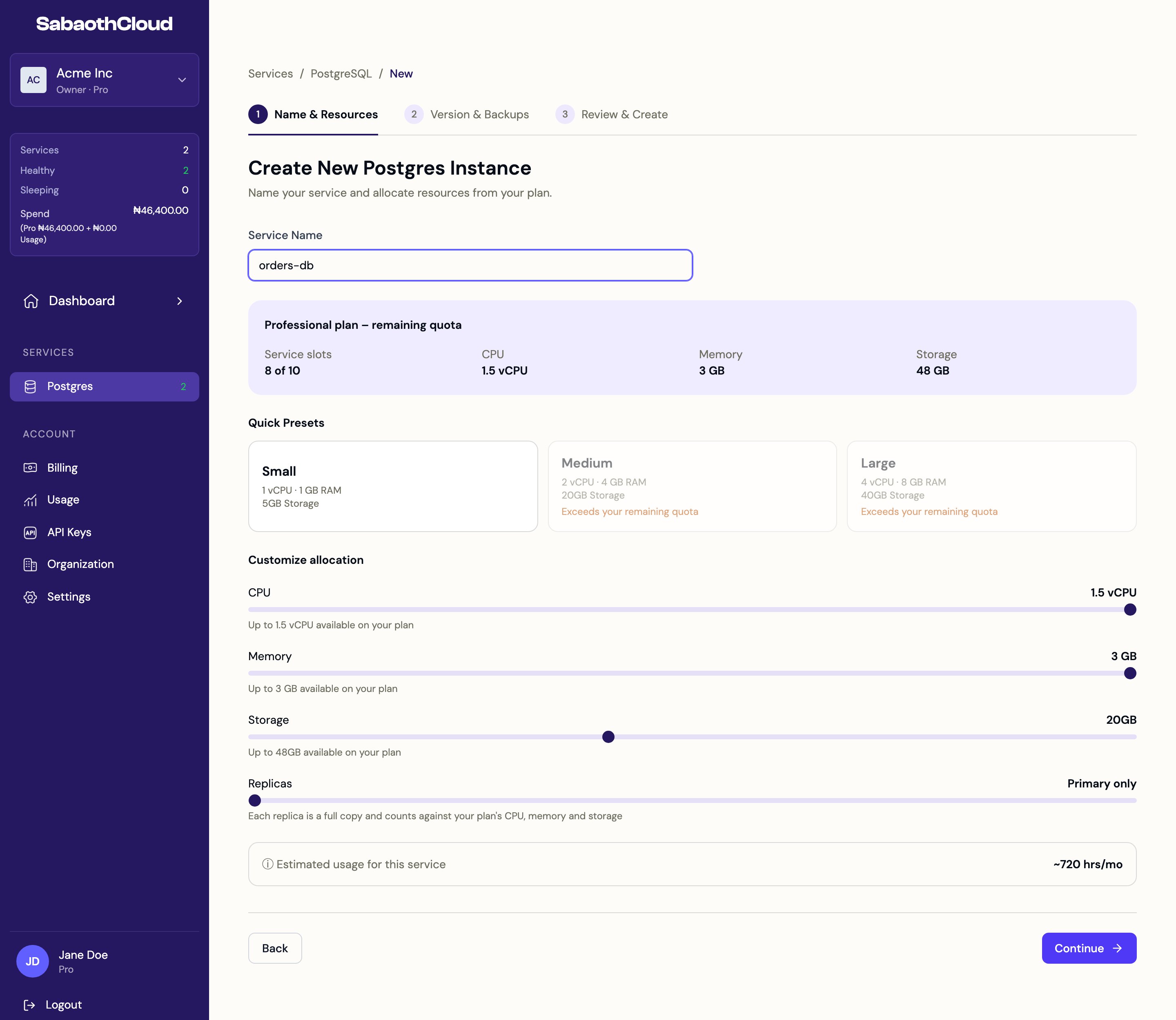 Step 1 of creating a service: name and resources