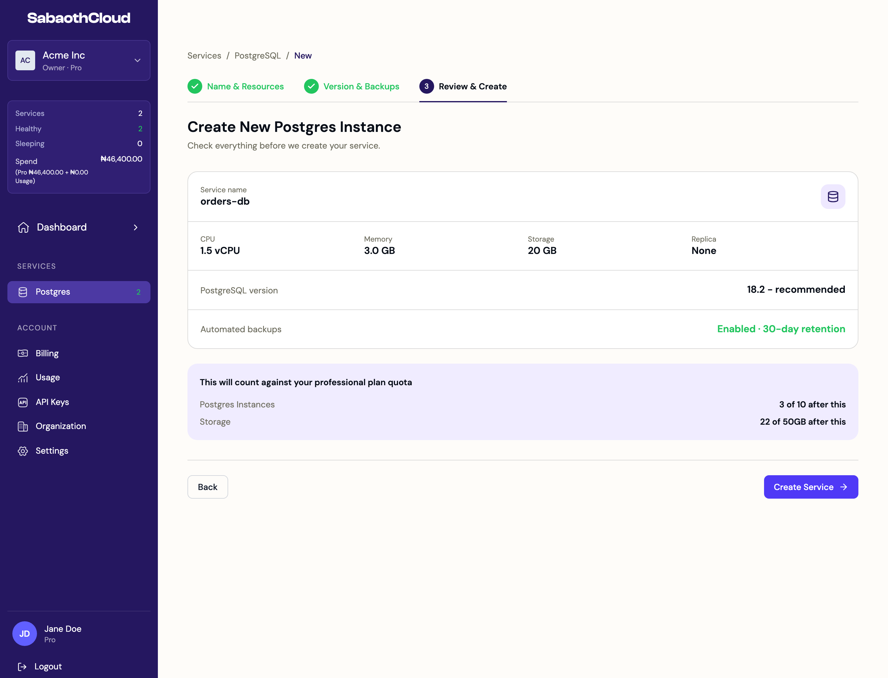 Step 3: Review and Create, with a summary and the quota impact