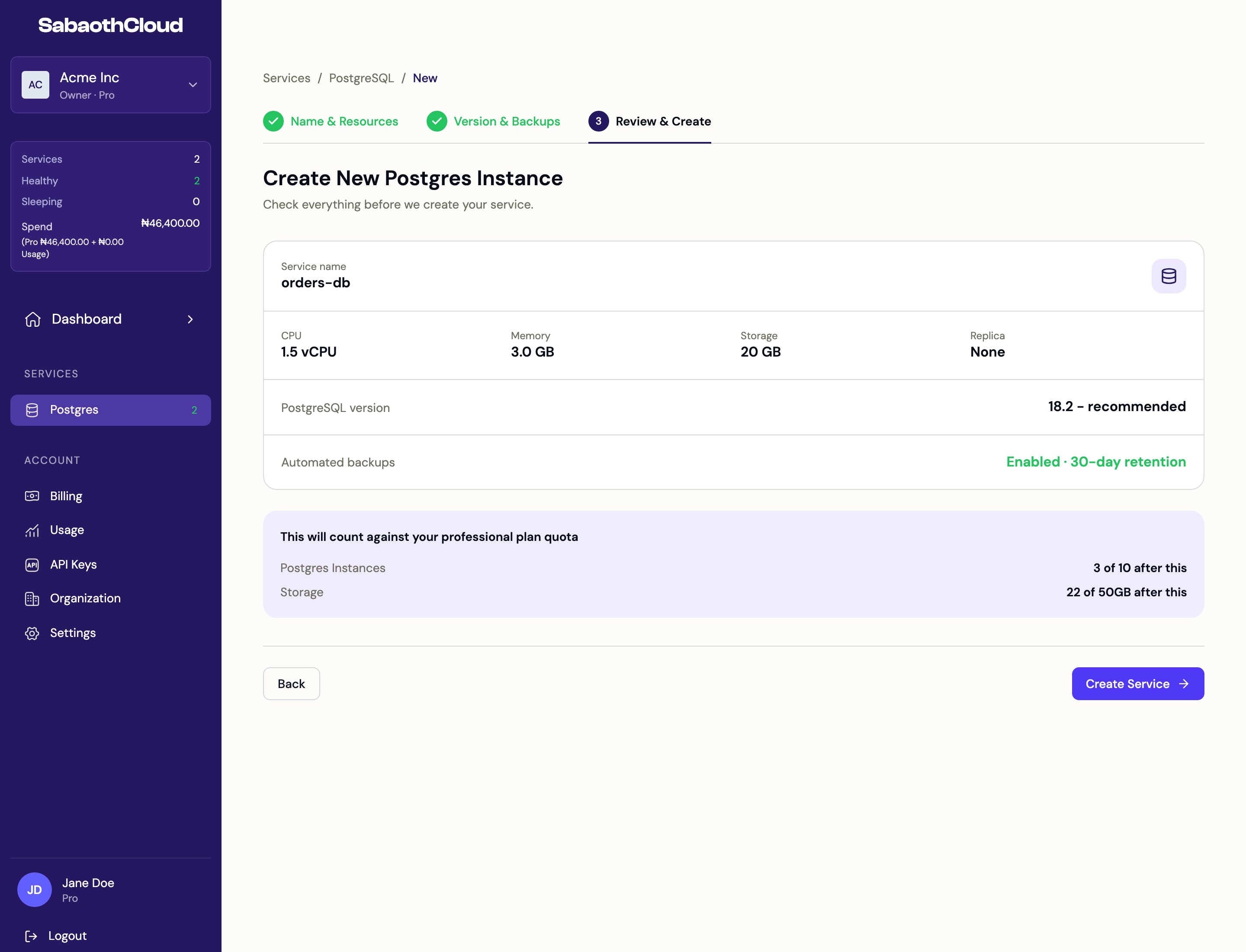 Step 3: Review and Create, with a summary and the quota impact