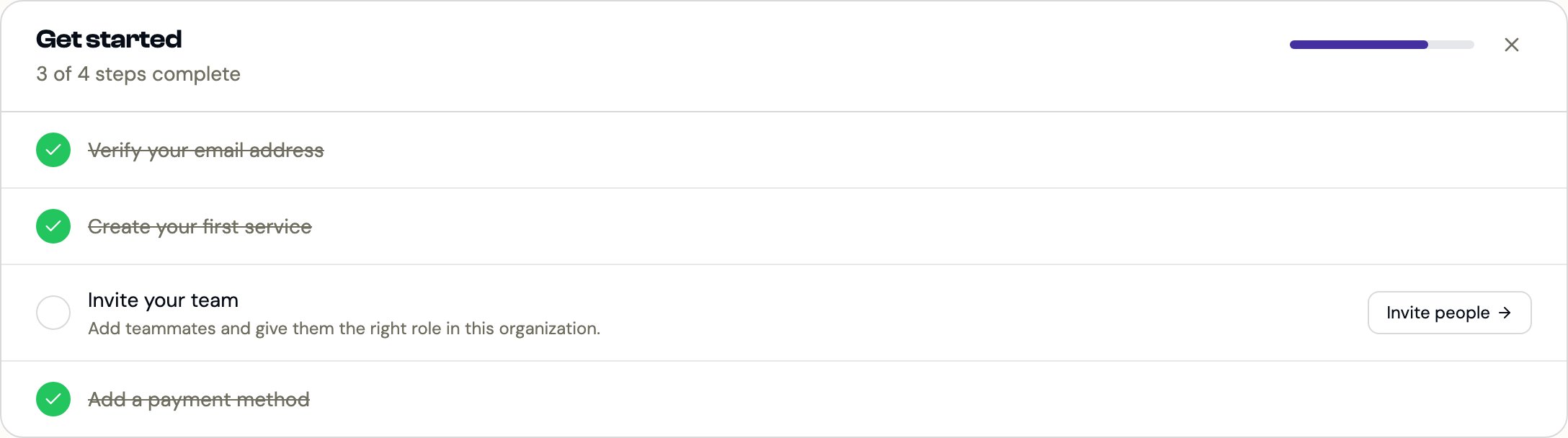 The Get started checklist with three of four steps complete