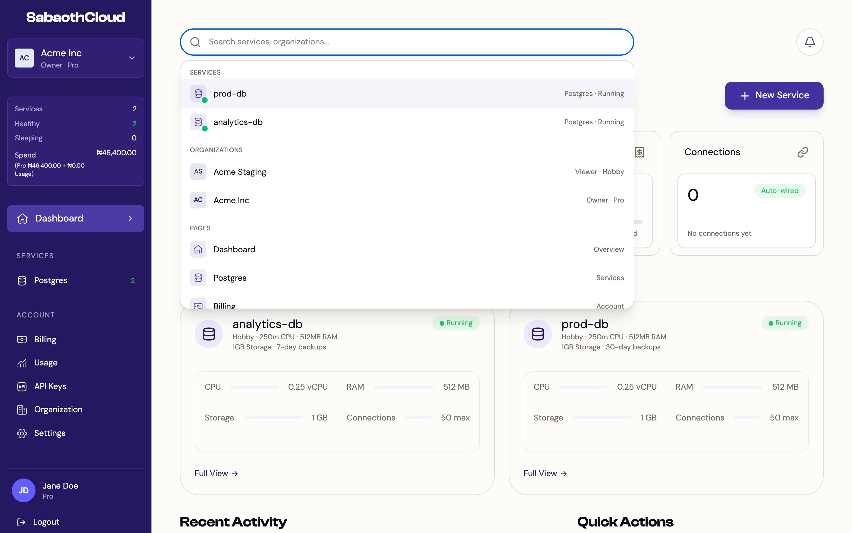 Search results grouped into services, organizations and pages