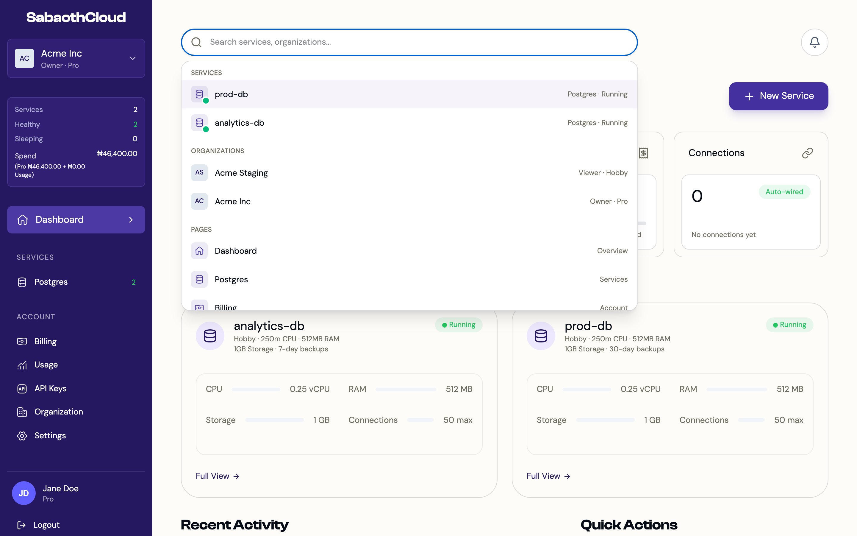 Search results grouped into services, organizations and pages