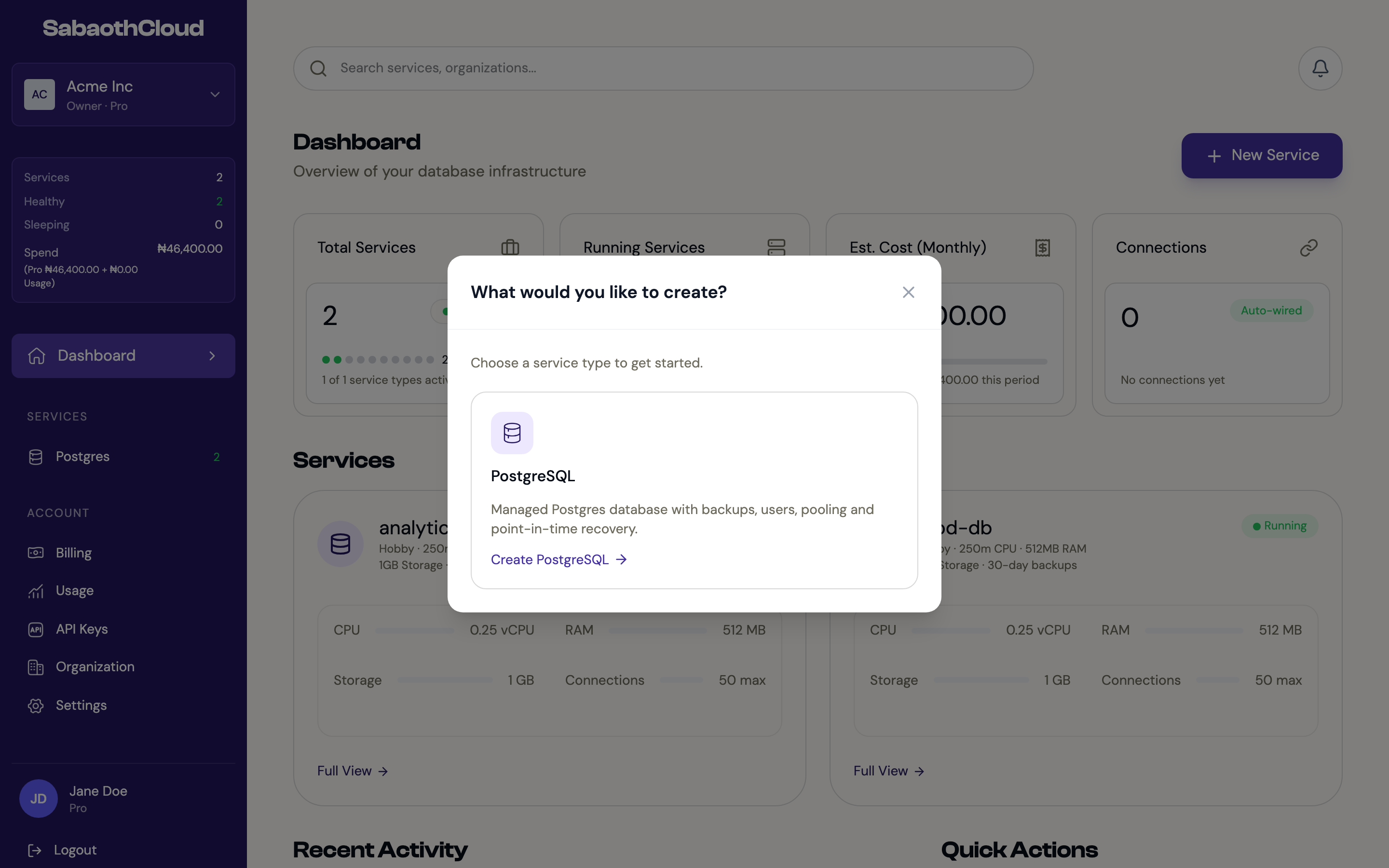 The New Service dialog with PostgreSQL selected