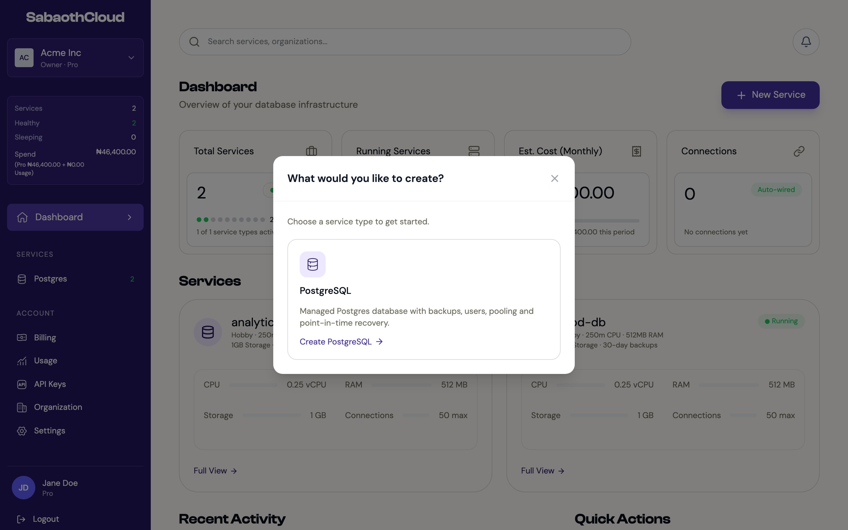 The New Service dialog with PostgreSQL selected