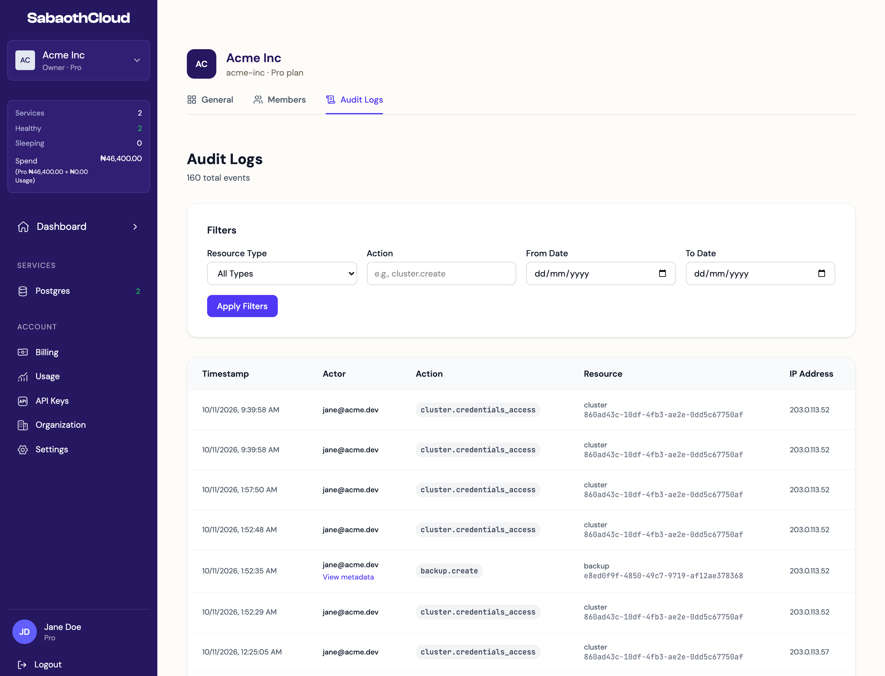 The Audit Logs tab with filters and a list of events