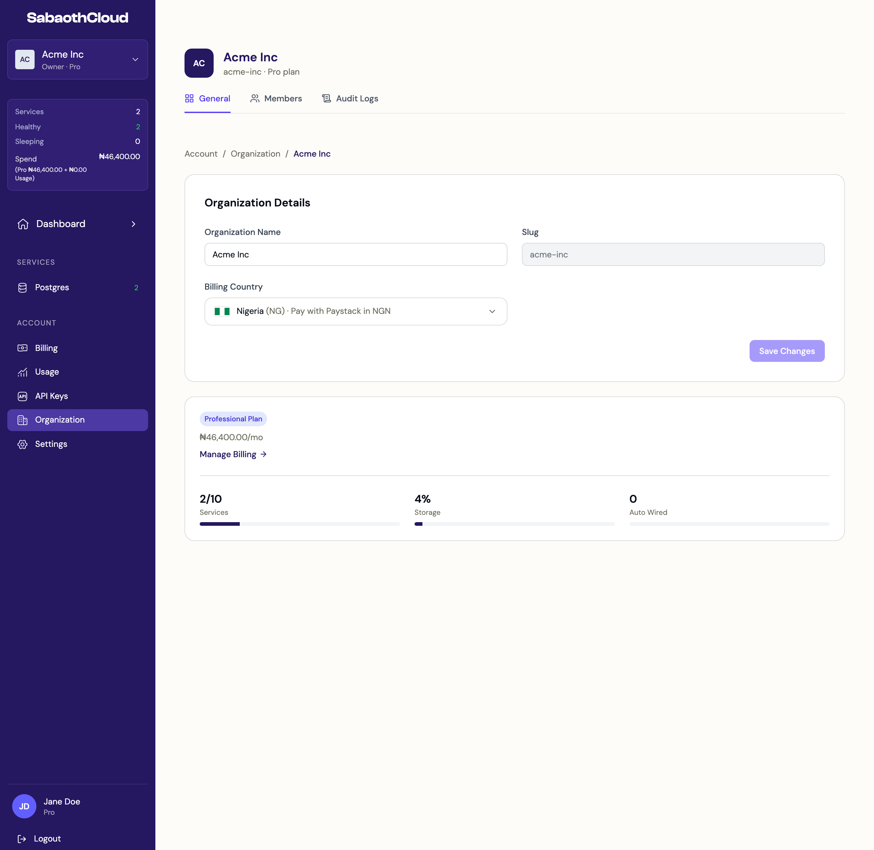 The organization General tab with details and billing summary