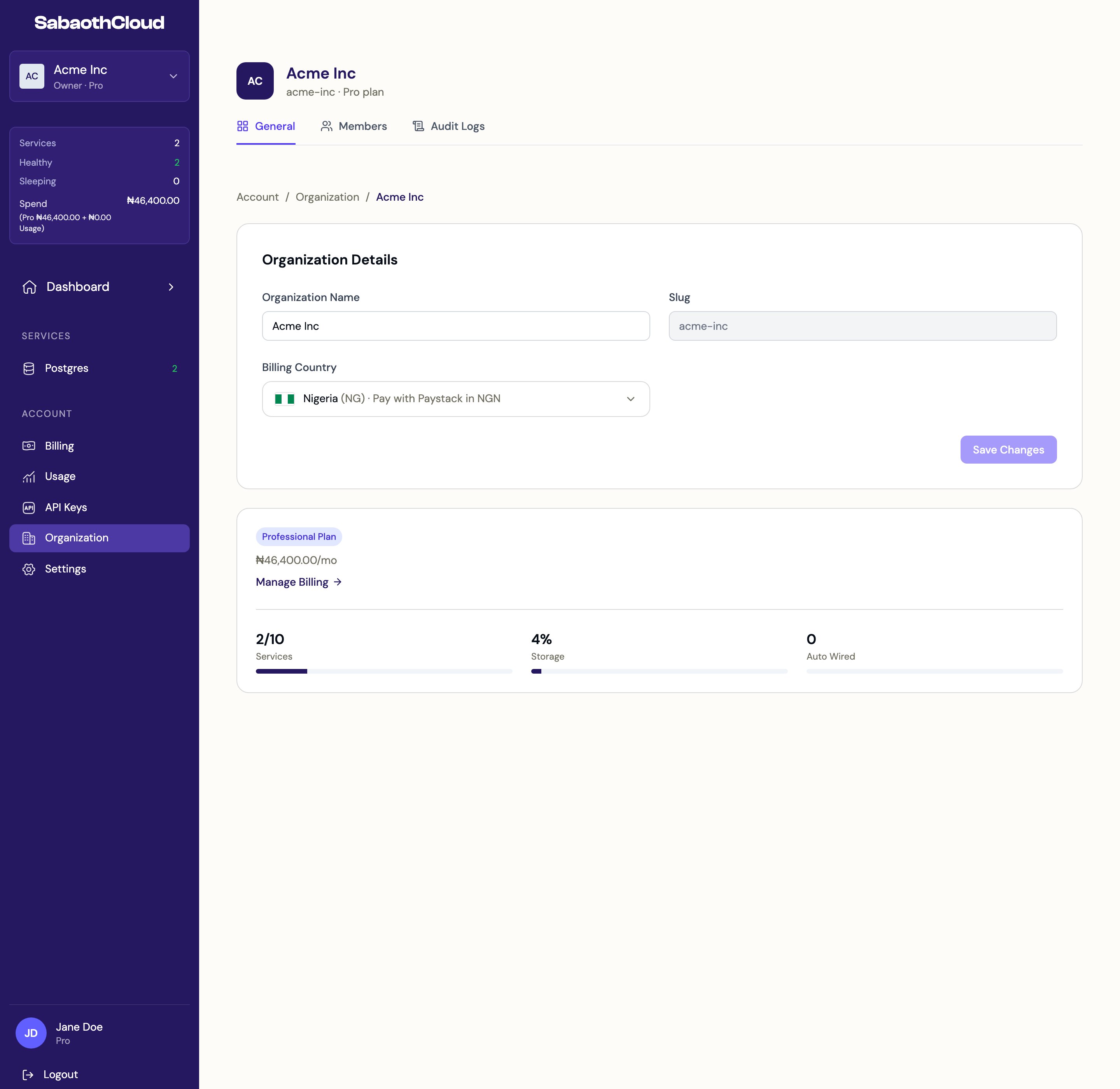 The organization General tab with details and billing summary