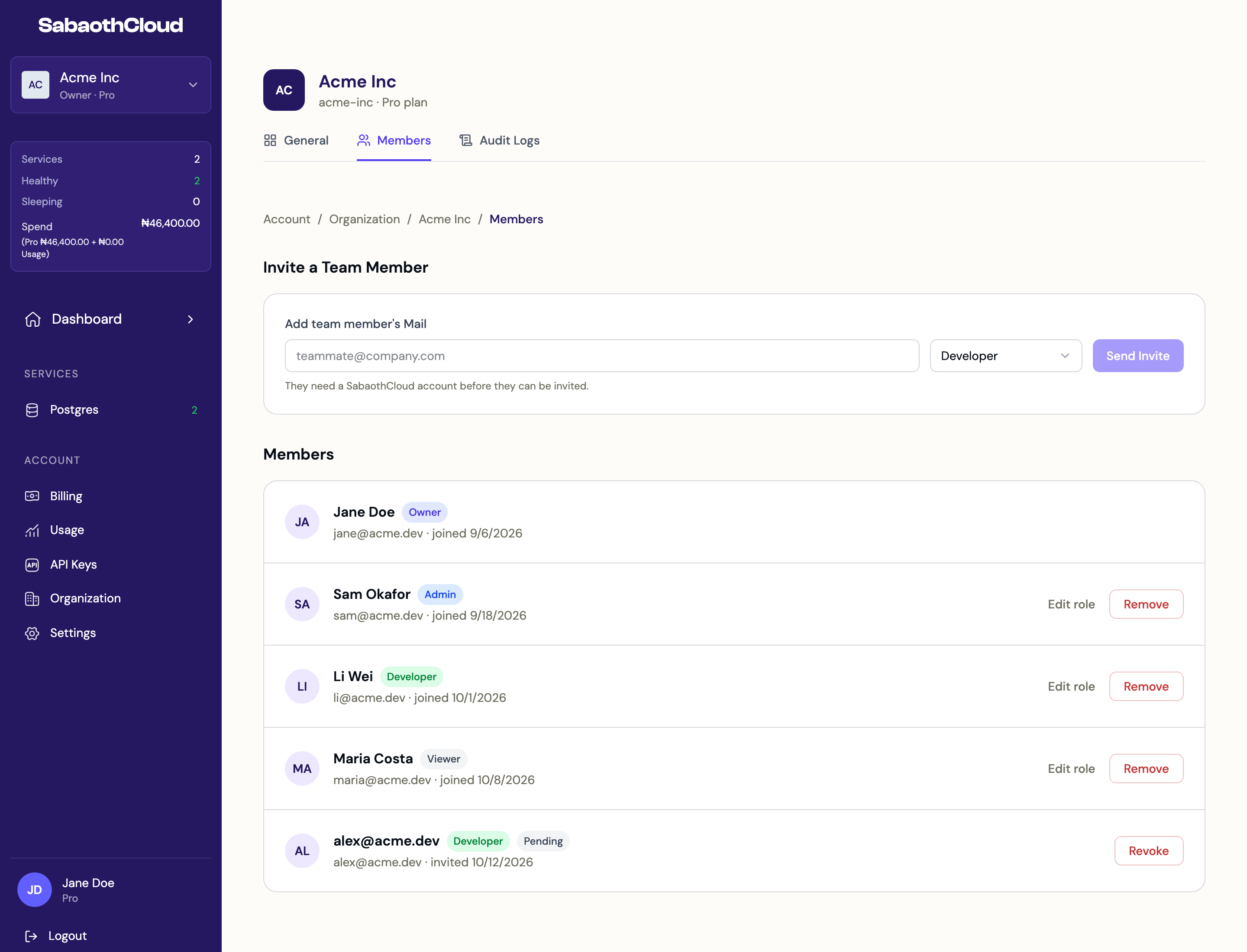 The Members tab with the invite form and a list of members and their roles