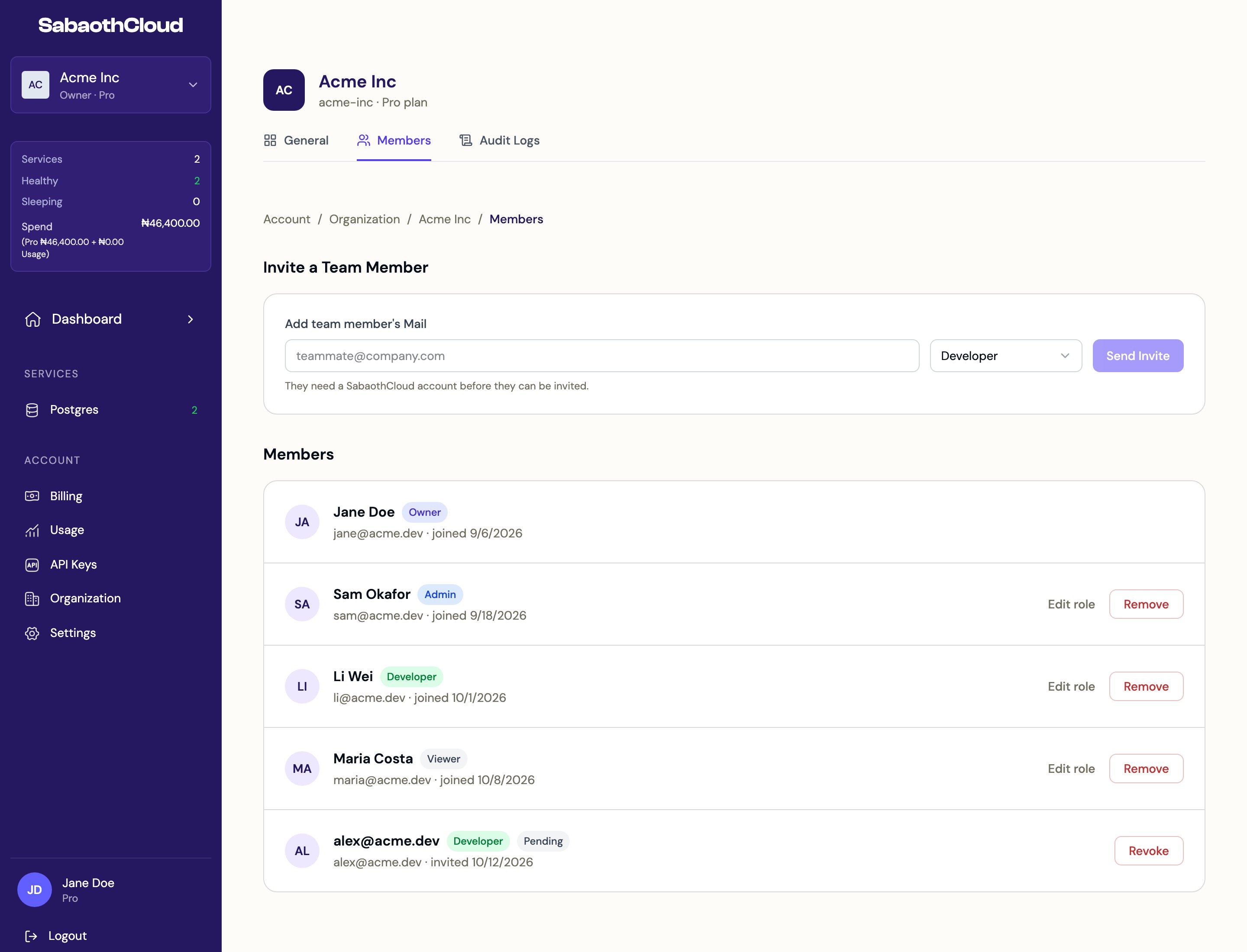 The Members tab with the invite form and a list of members and their roles