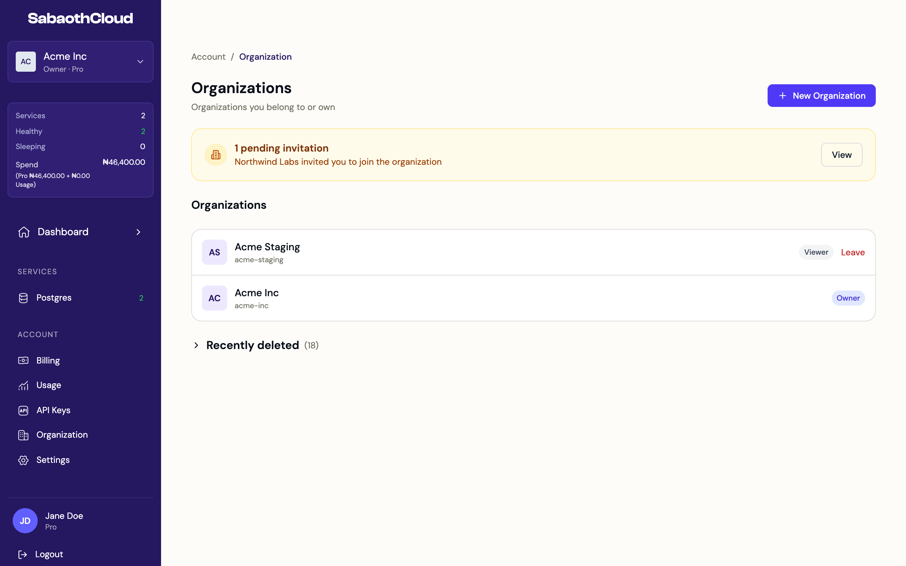 The Organizations page listing two organizations and a pending invitation