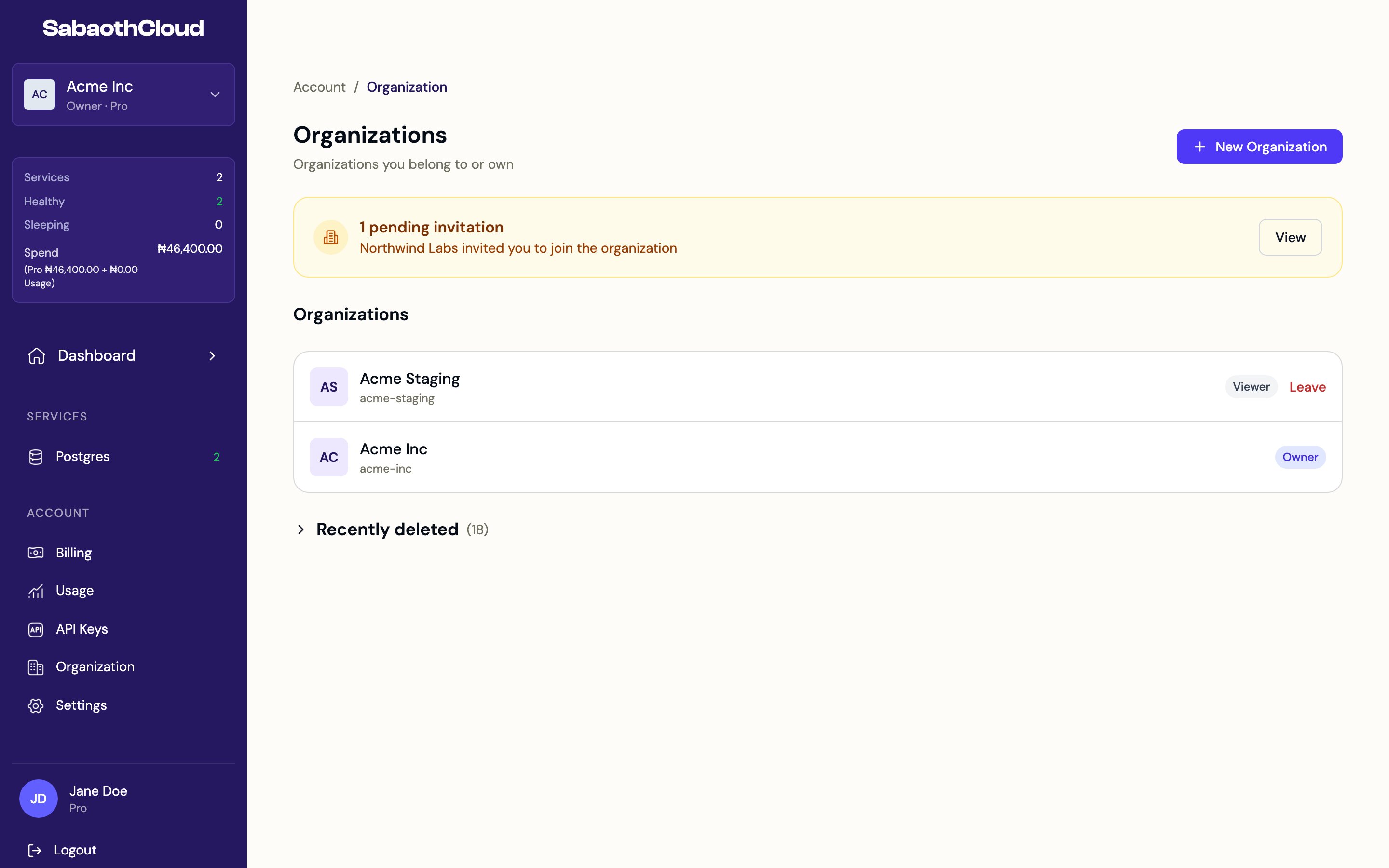 The Organizations page listing two organizations and a pending invitation