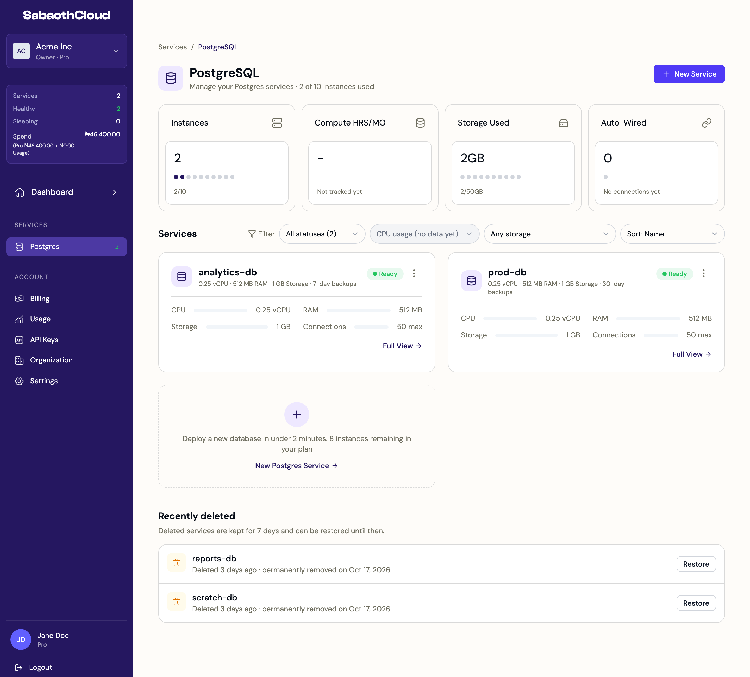The PostgreSQL page with summary cards, filters, two services and recently deleted services