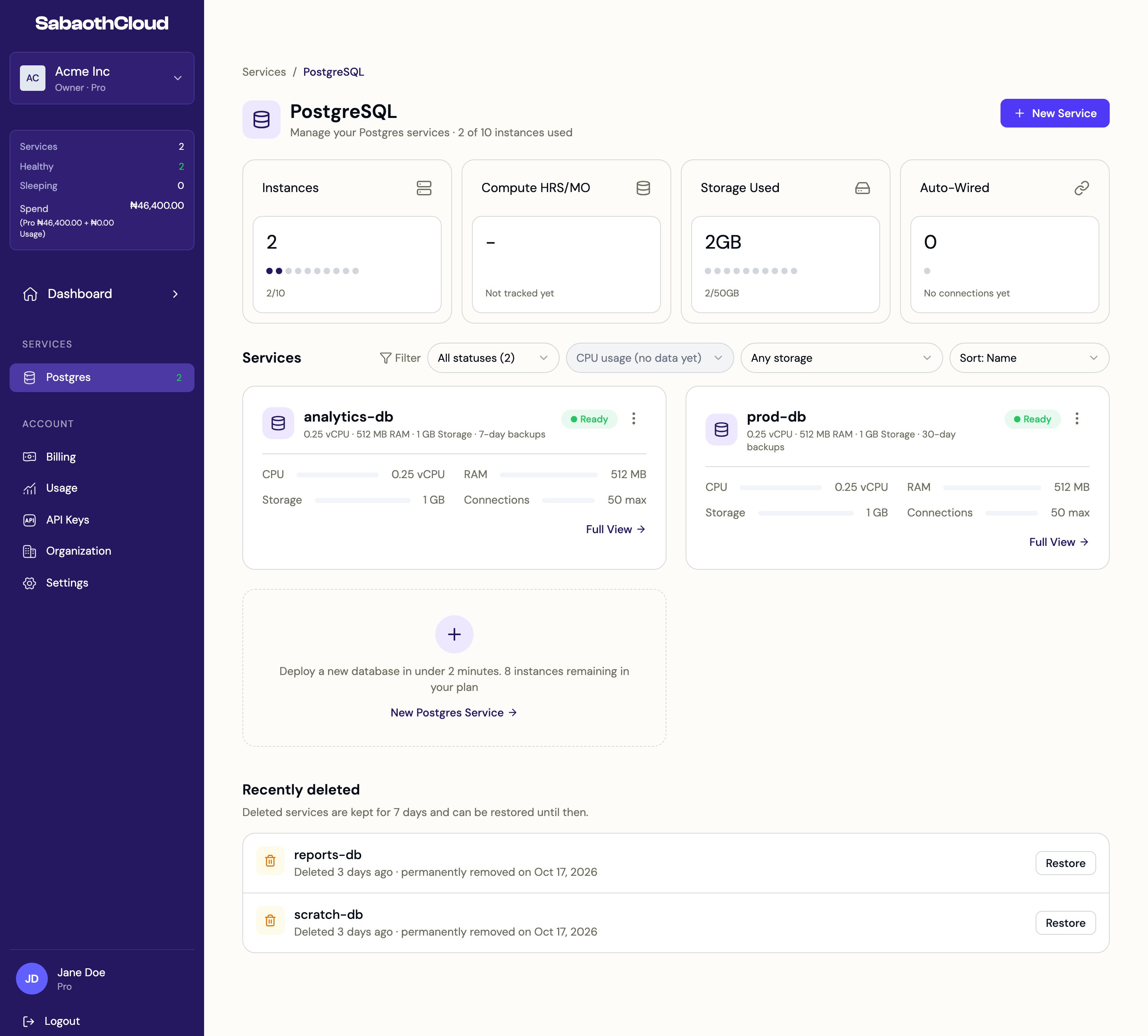 The PostgreSQL page with summary cards, filters, two services and recently deleted services