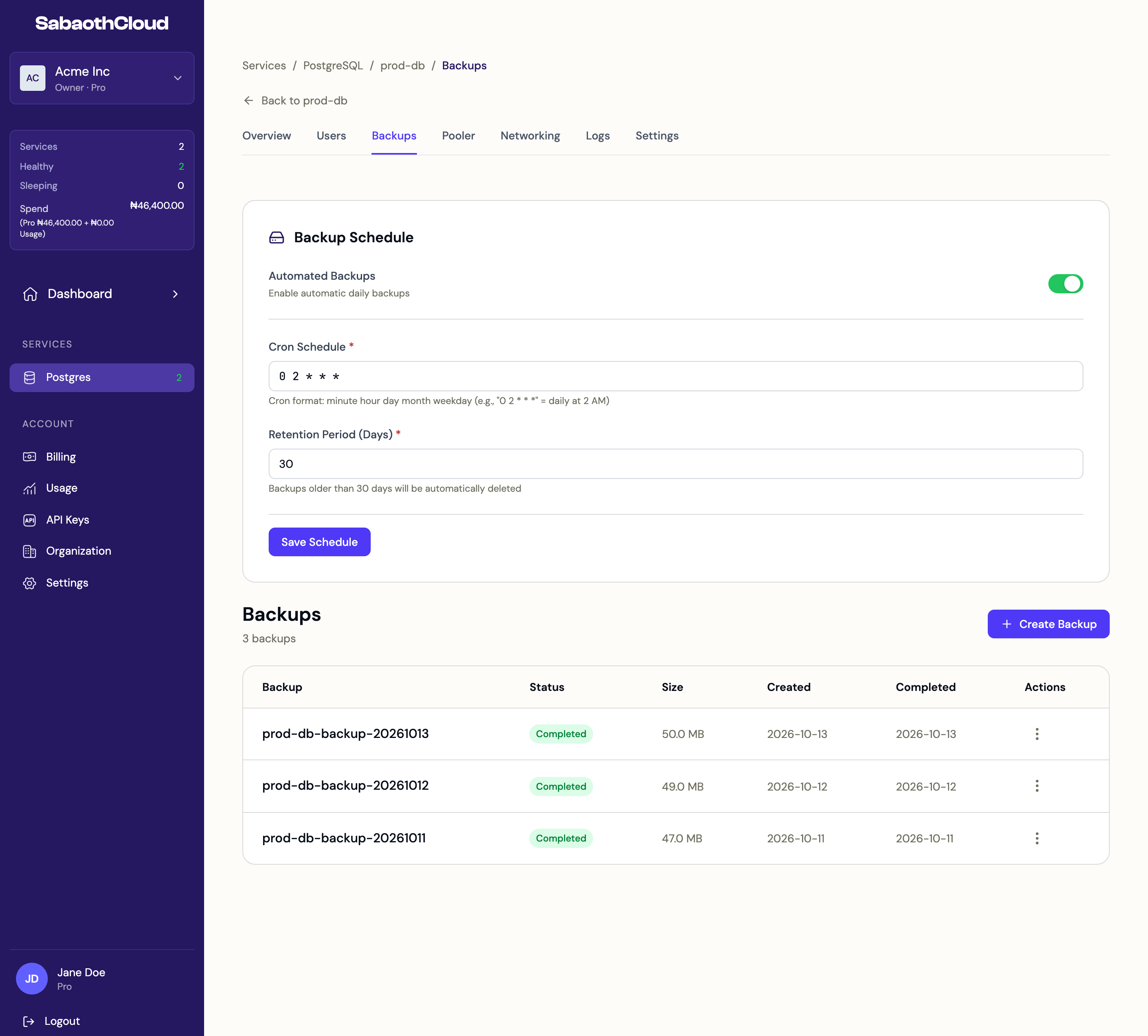 The Backups tab with the backup schedule and a list of completed backups
