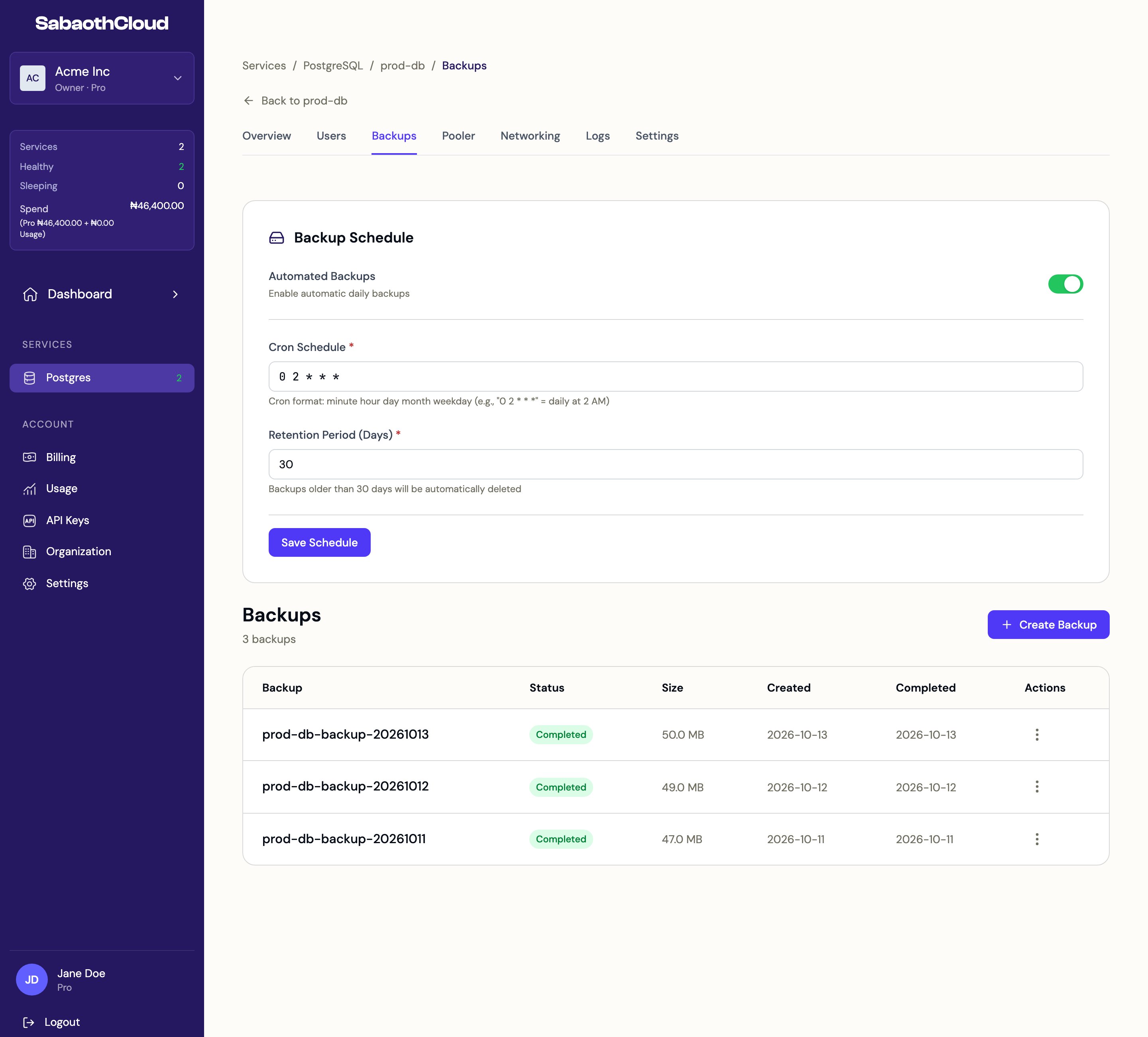The Backups tab with the backup schedule and a list of completed backups