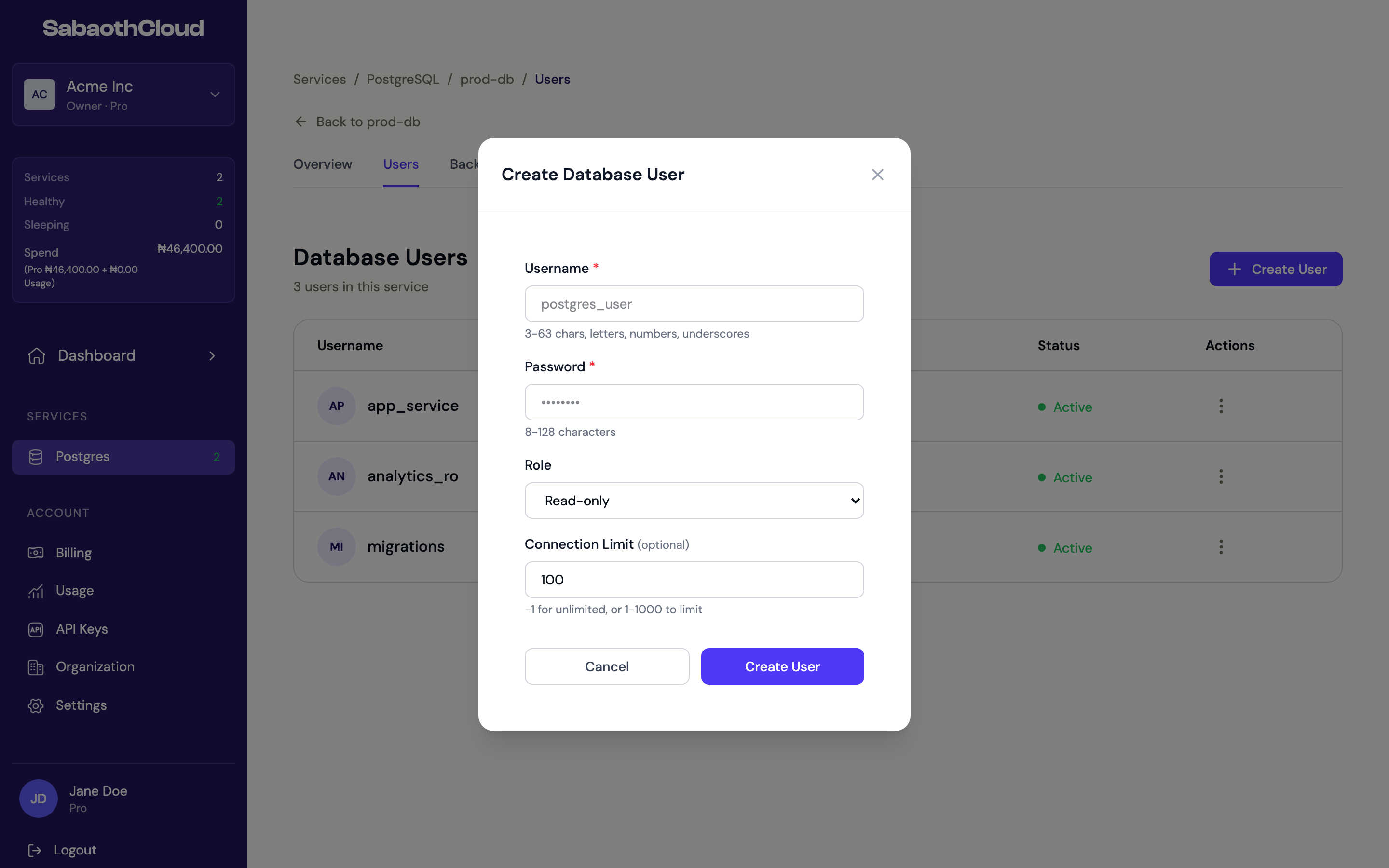 The Create Database User dialog
