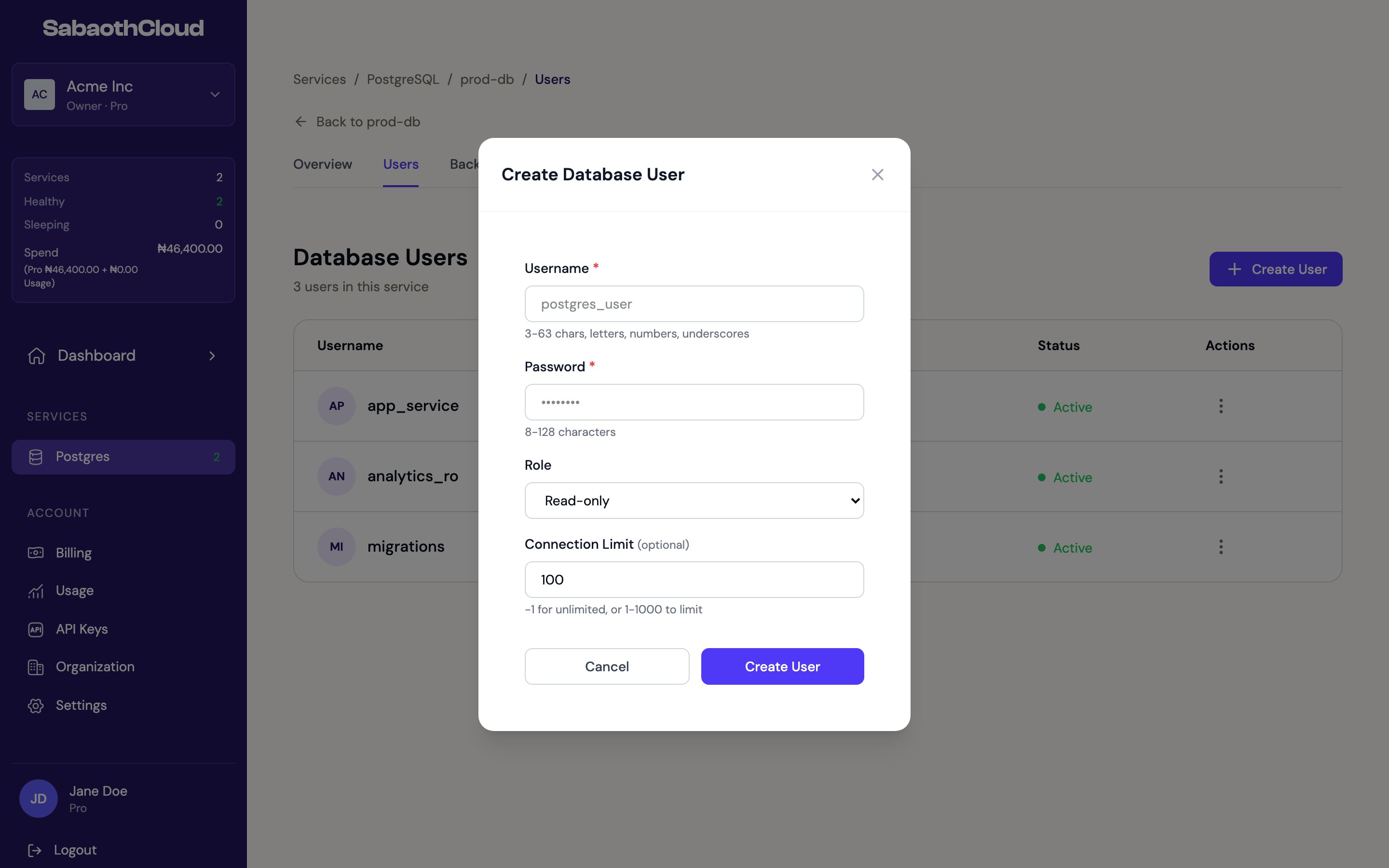 The Create Database User dialog