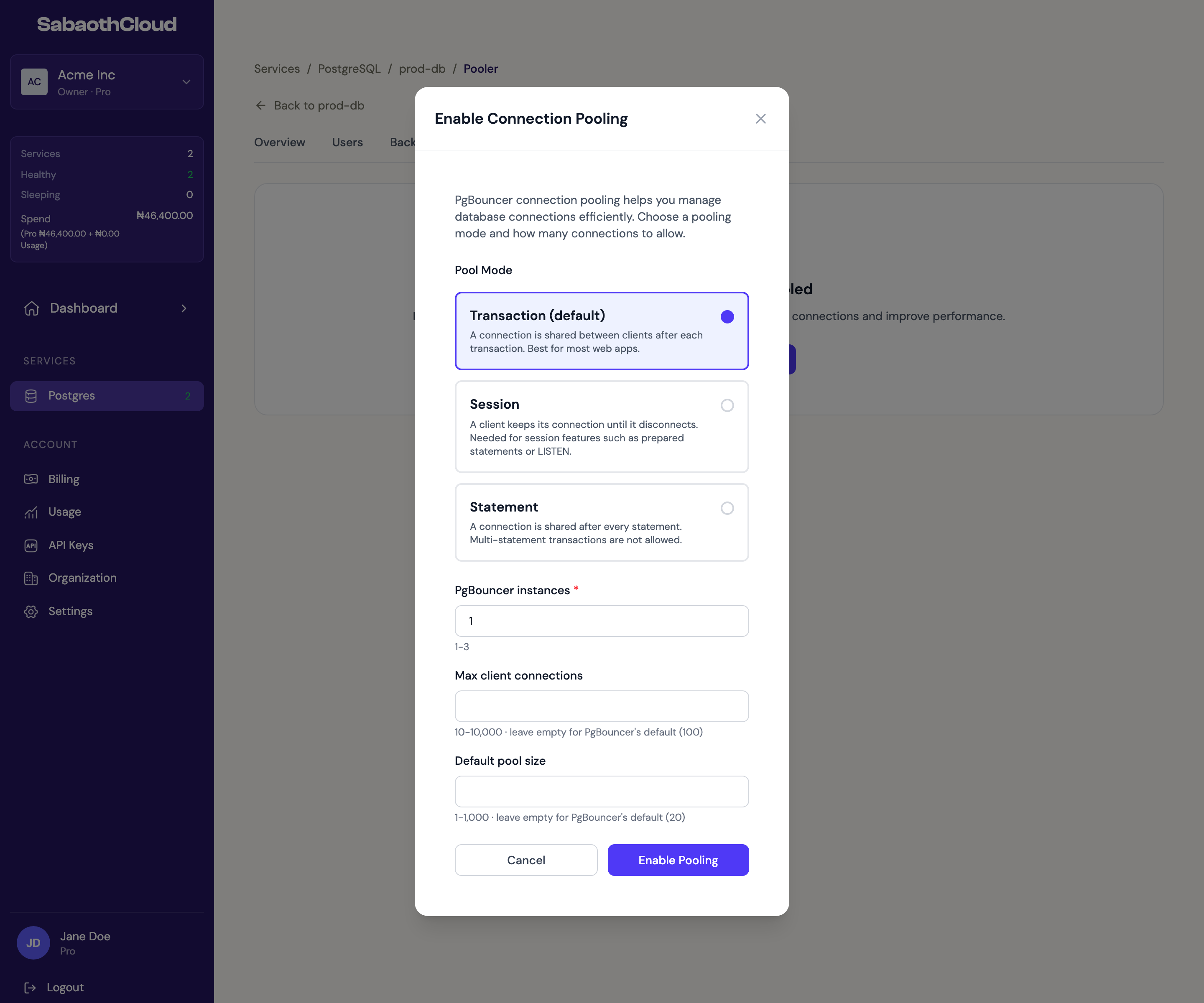 The Enable Connection Pooling dialog