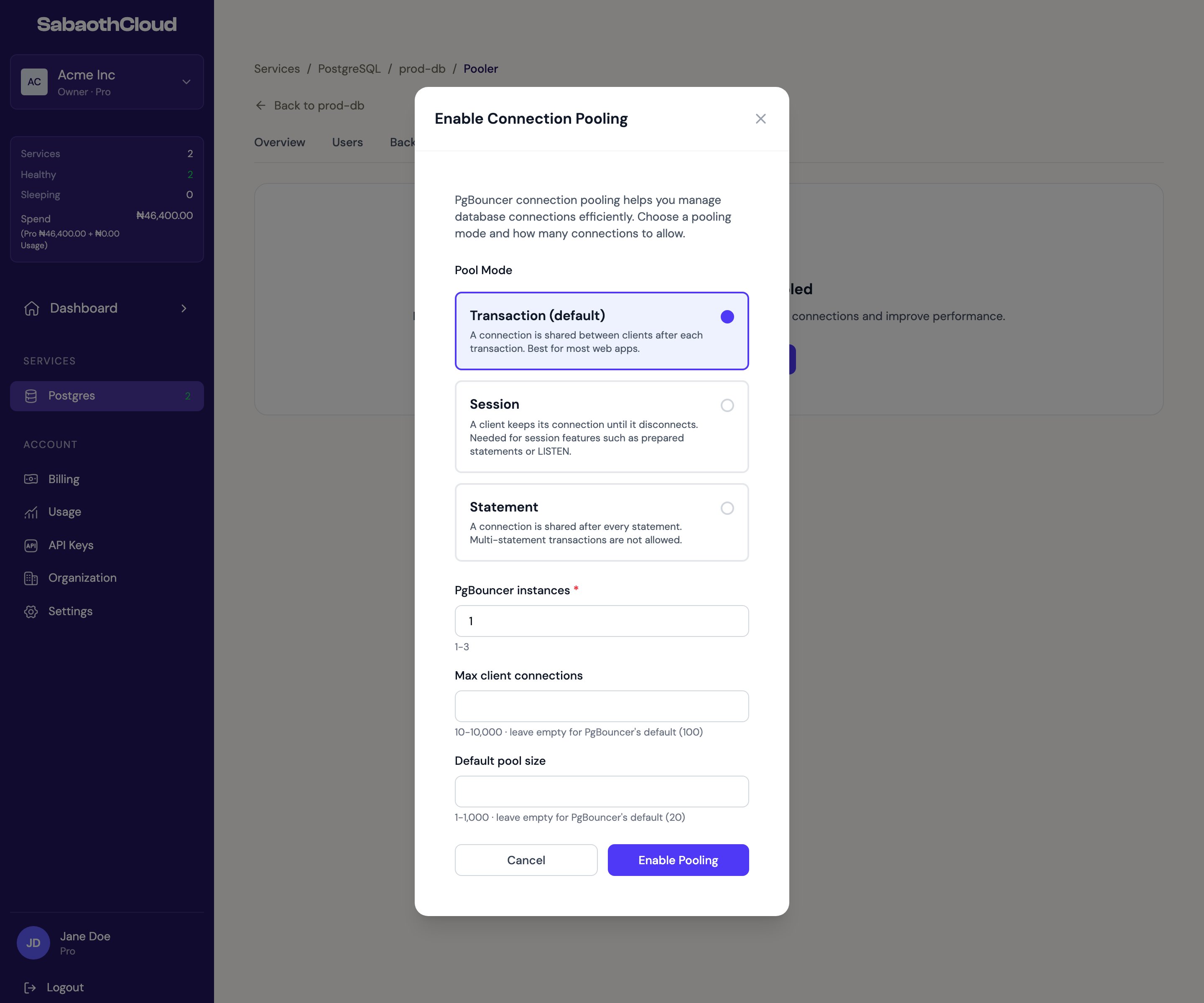 The Enable Connection Pooling dialog