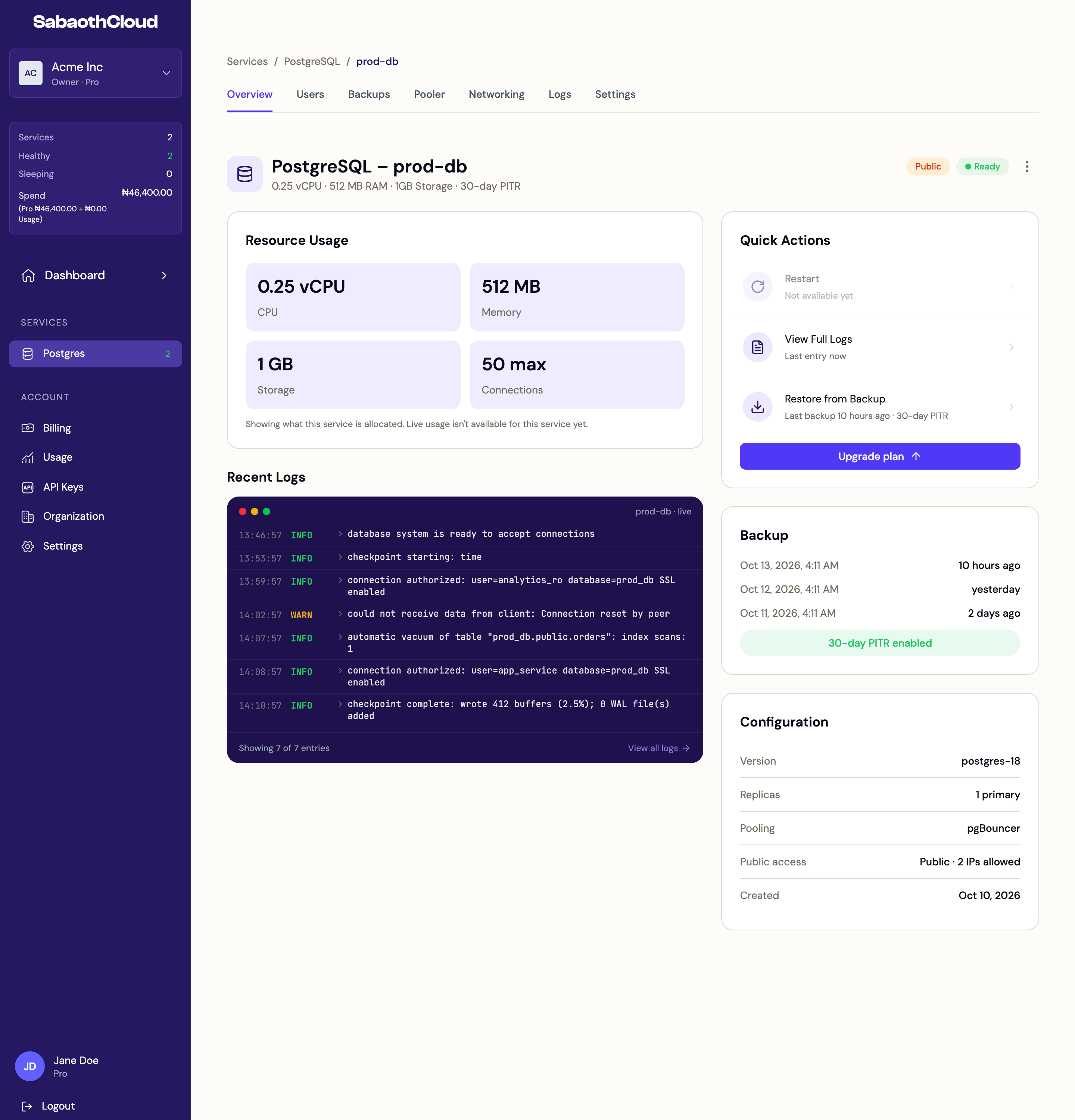 A service's Overview tab