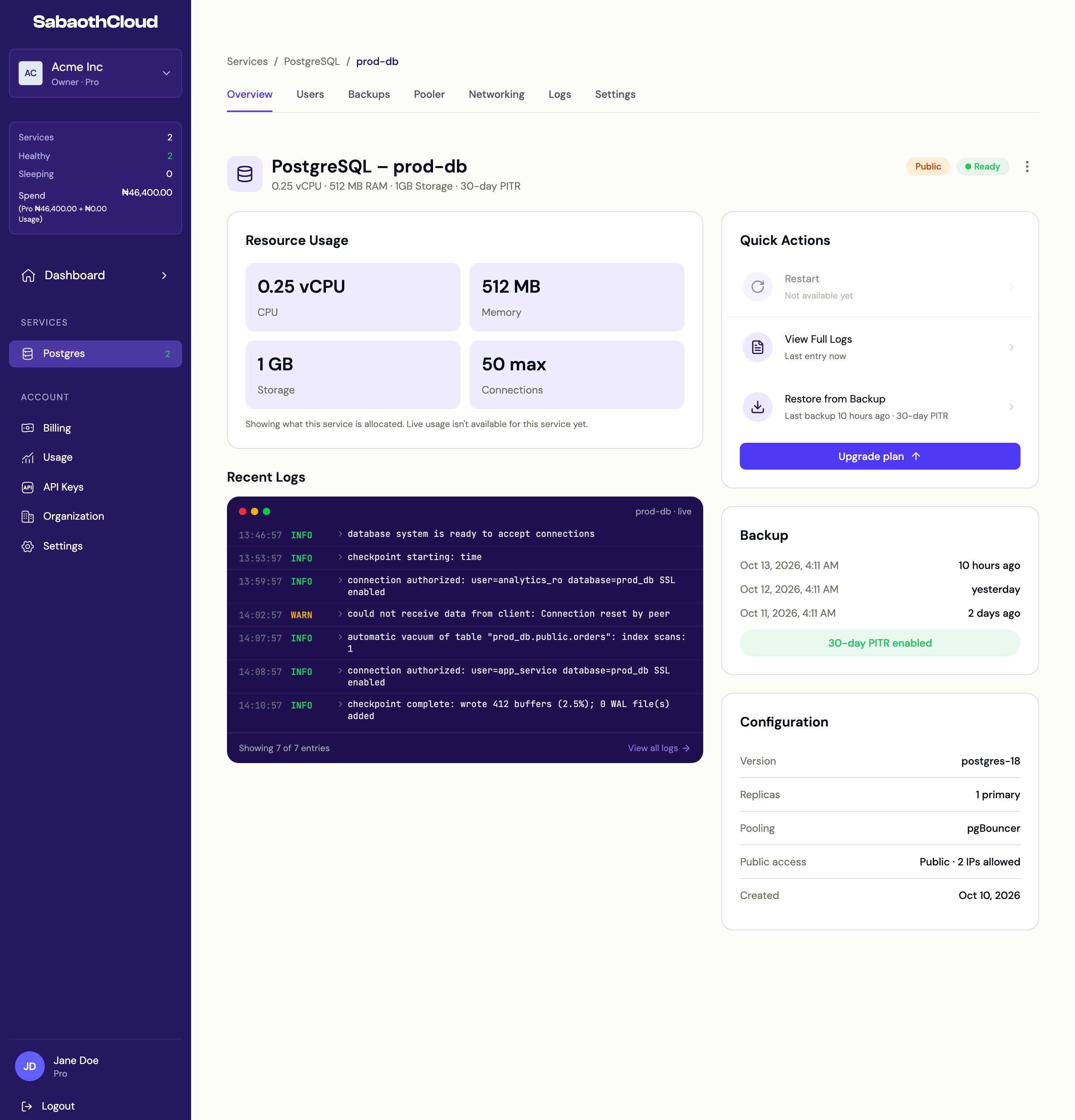 A service's Overview tab