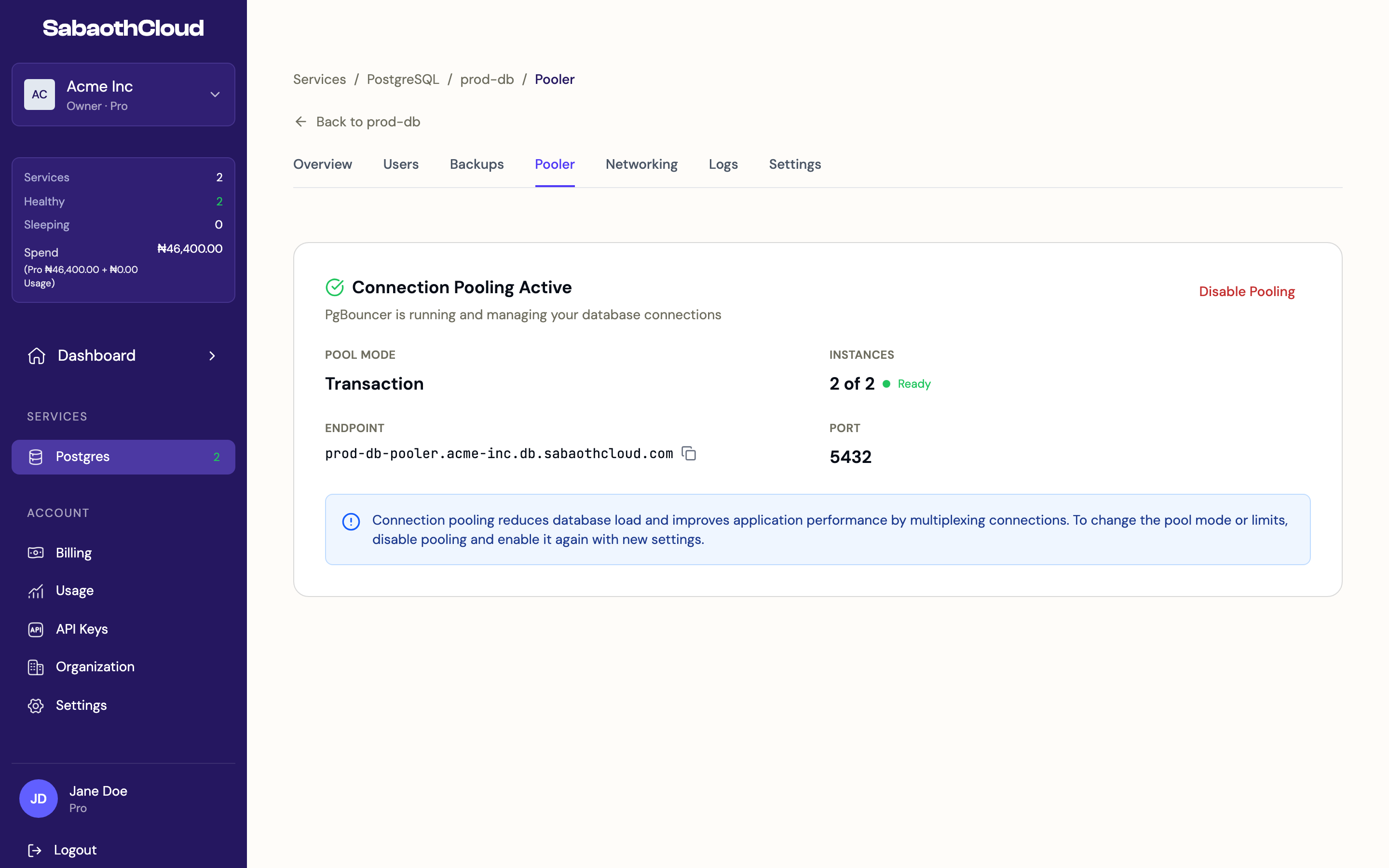 The Pooler tab showing pooling active with the endpoint and port