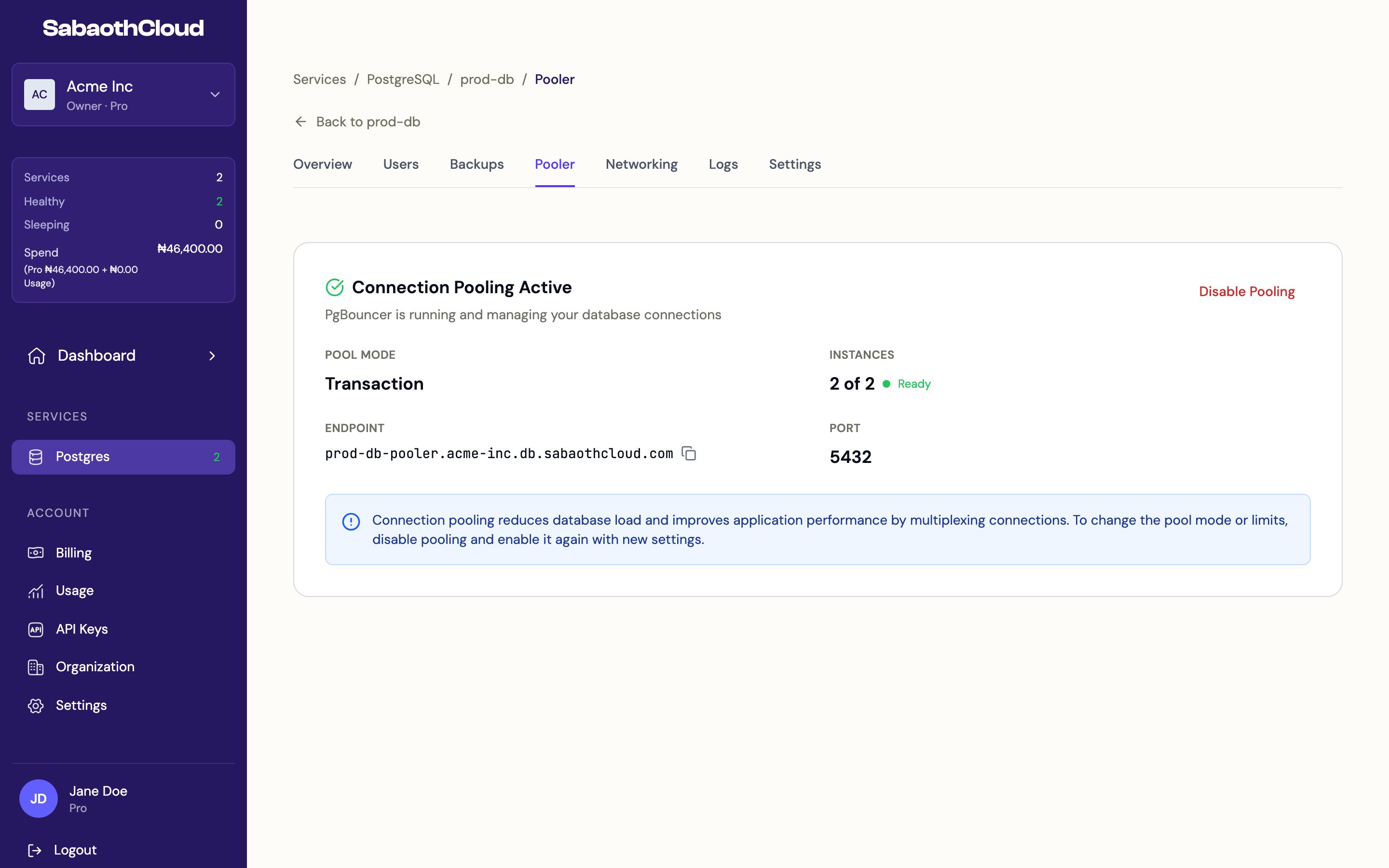 The Pooler tab showing pooling active with the endpoint and port