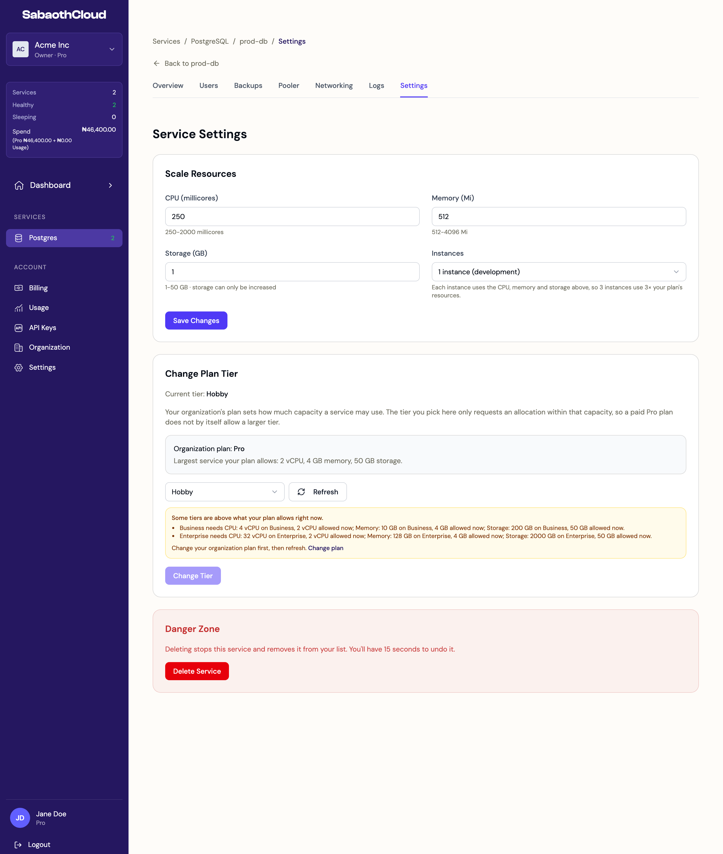 The Settings tab with Scale Resources, Change Plan Tier and Danger Zone