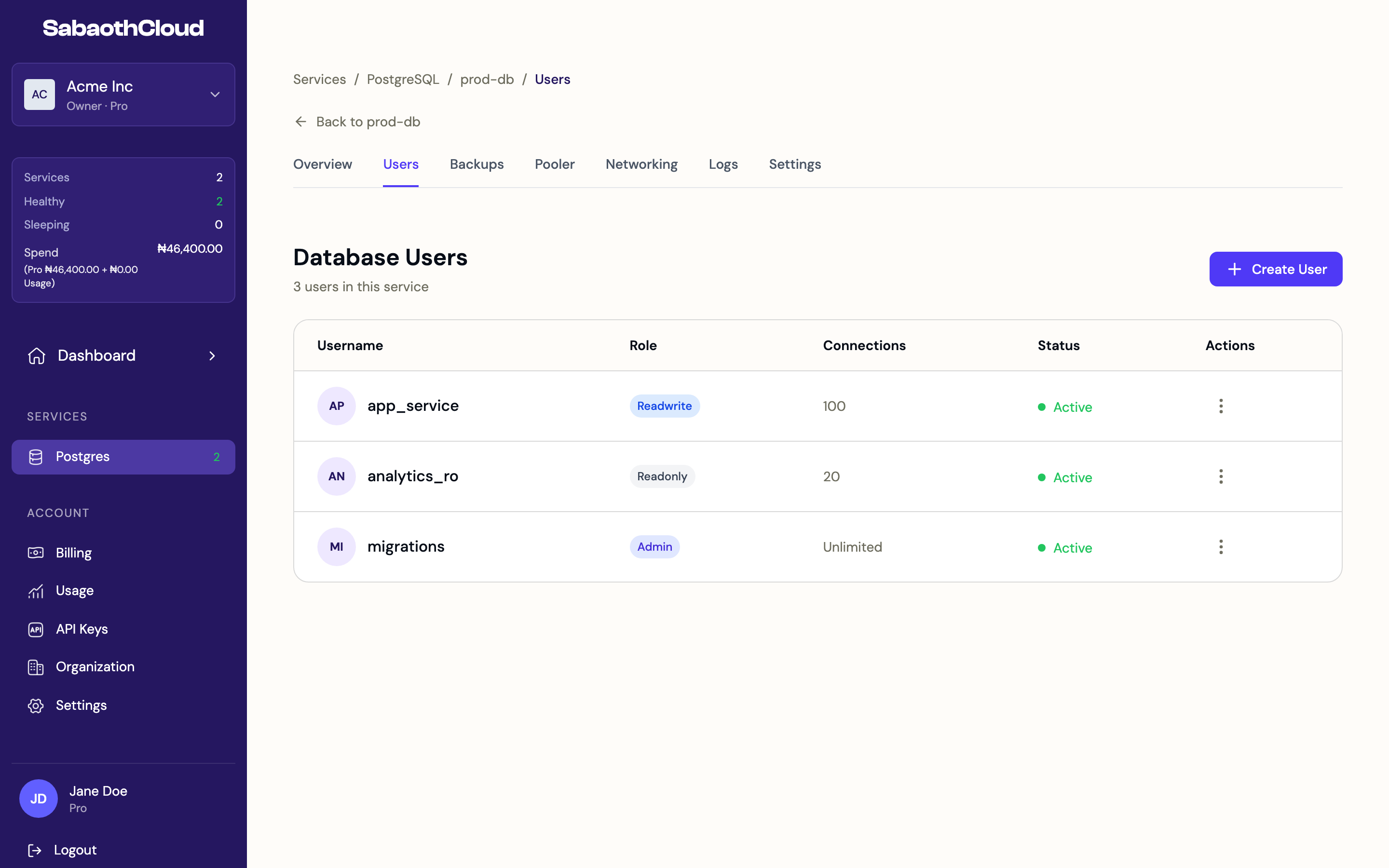 The Users tab listing three database users