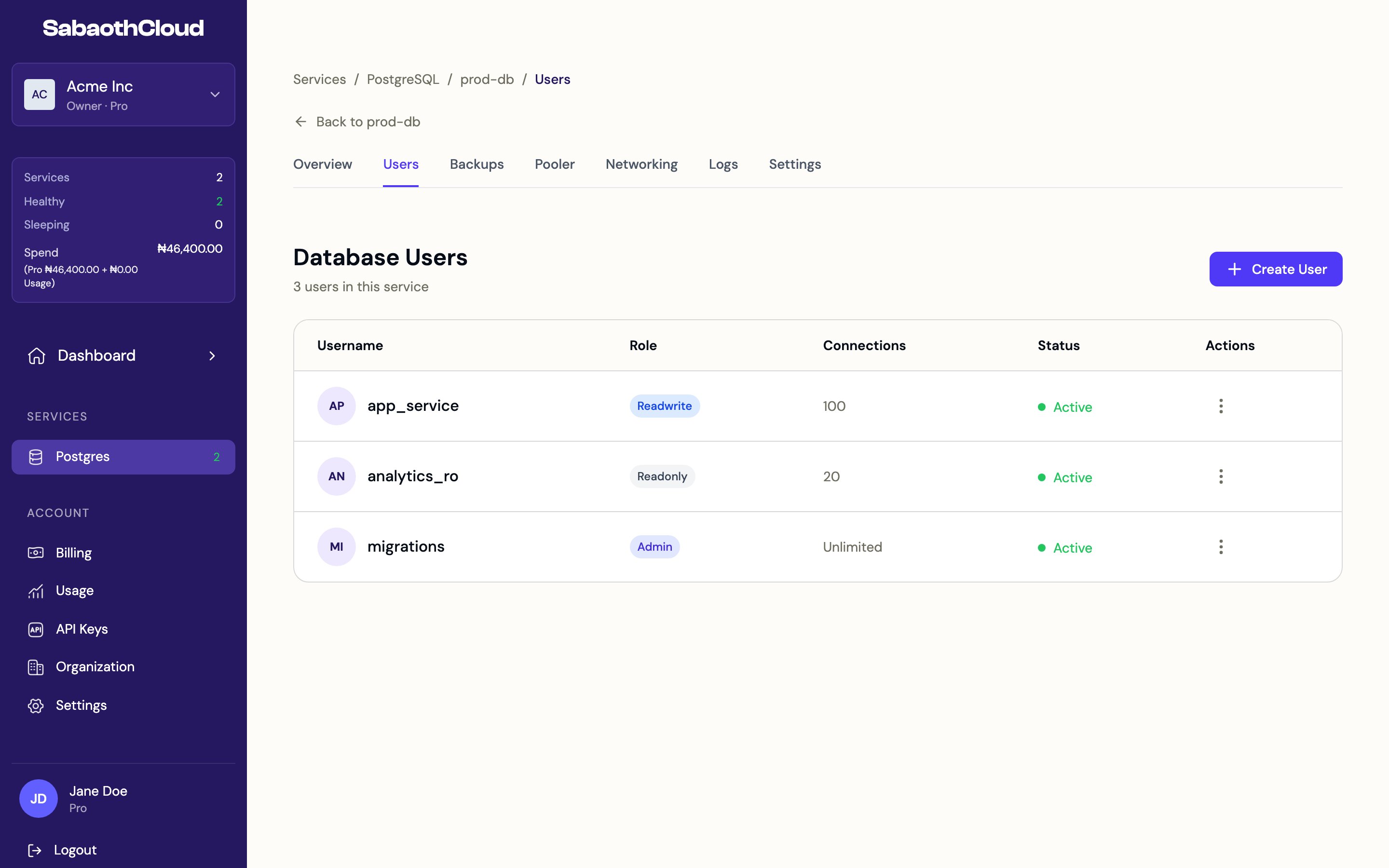 The Users tab listing three database users