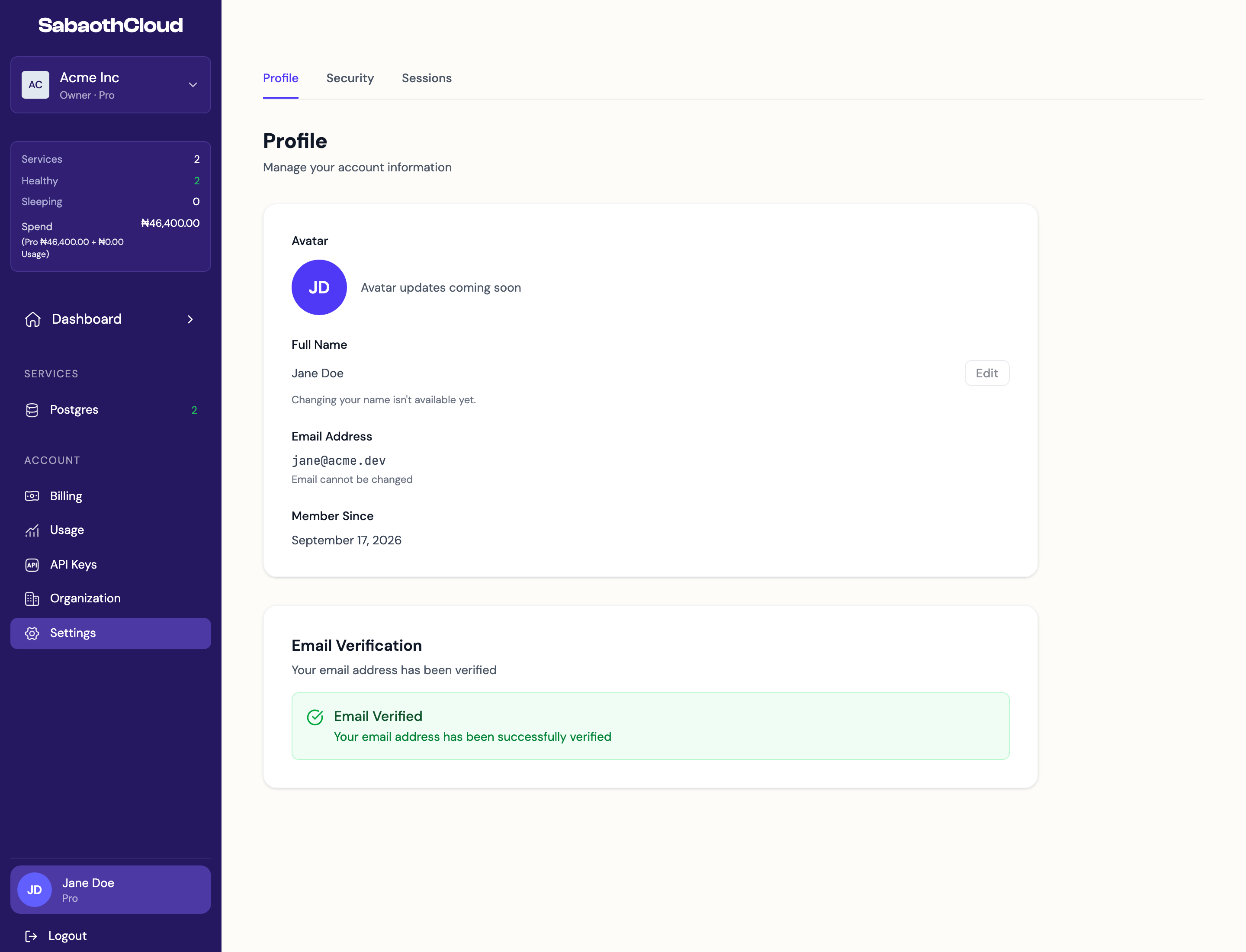 The Profile tab showing name, email, member since and email verification