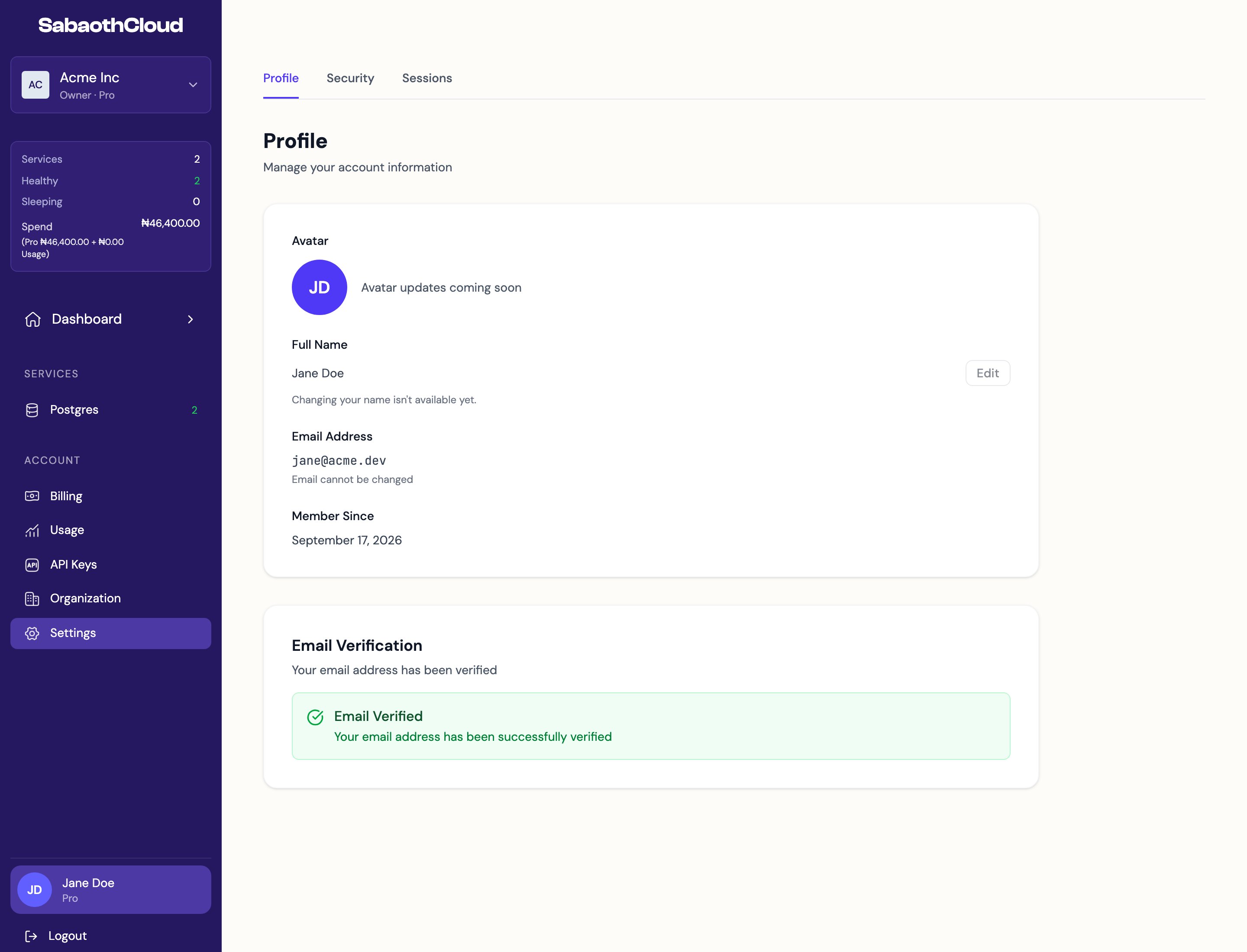 The Profile tab showing name, email, member since and email verification