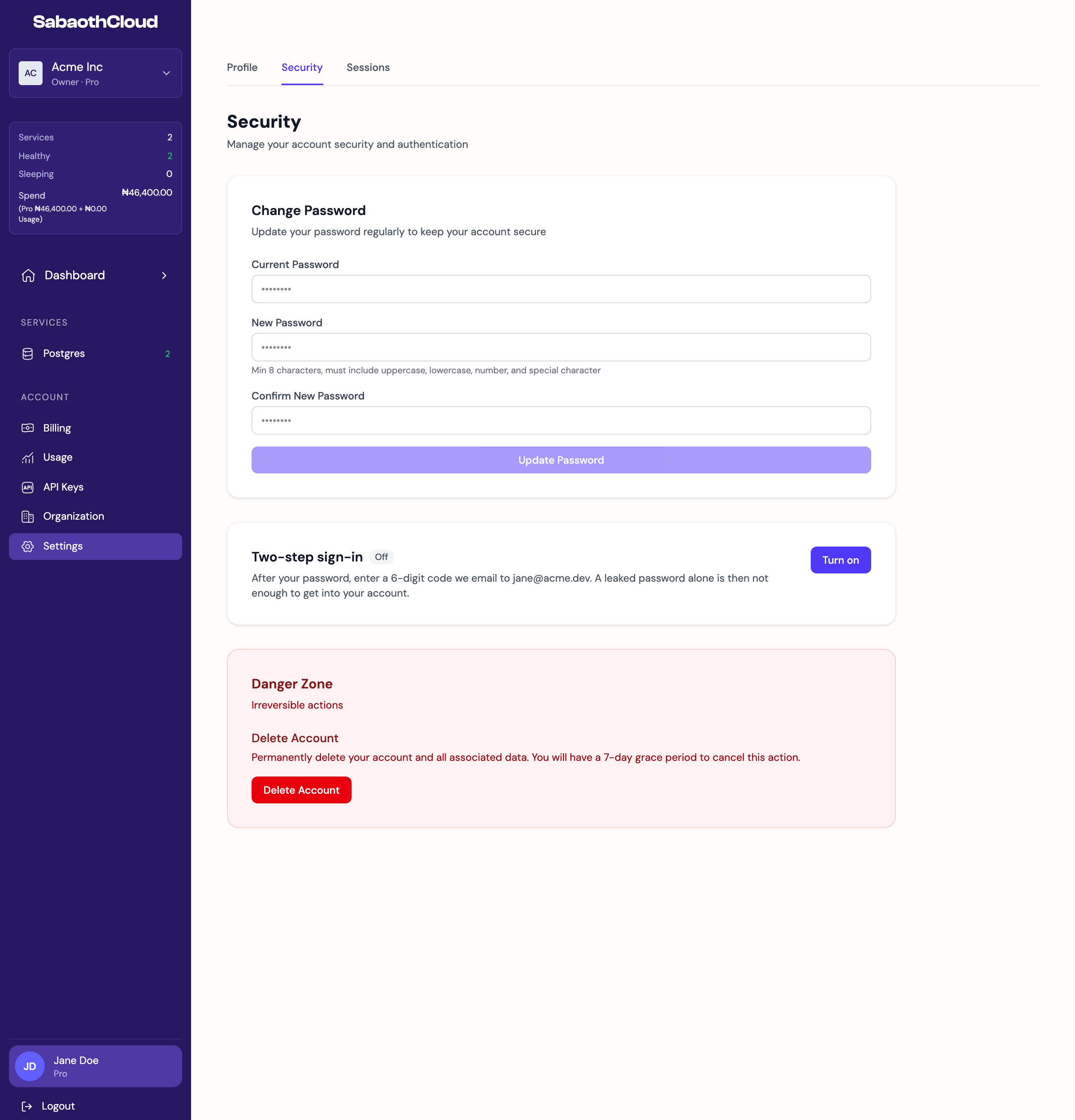 The Security tab with change password, two-step sign-in and danger zone