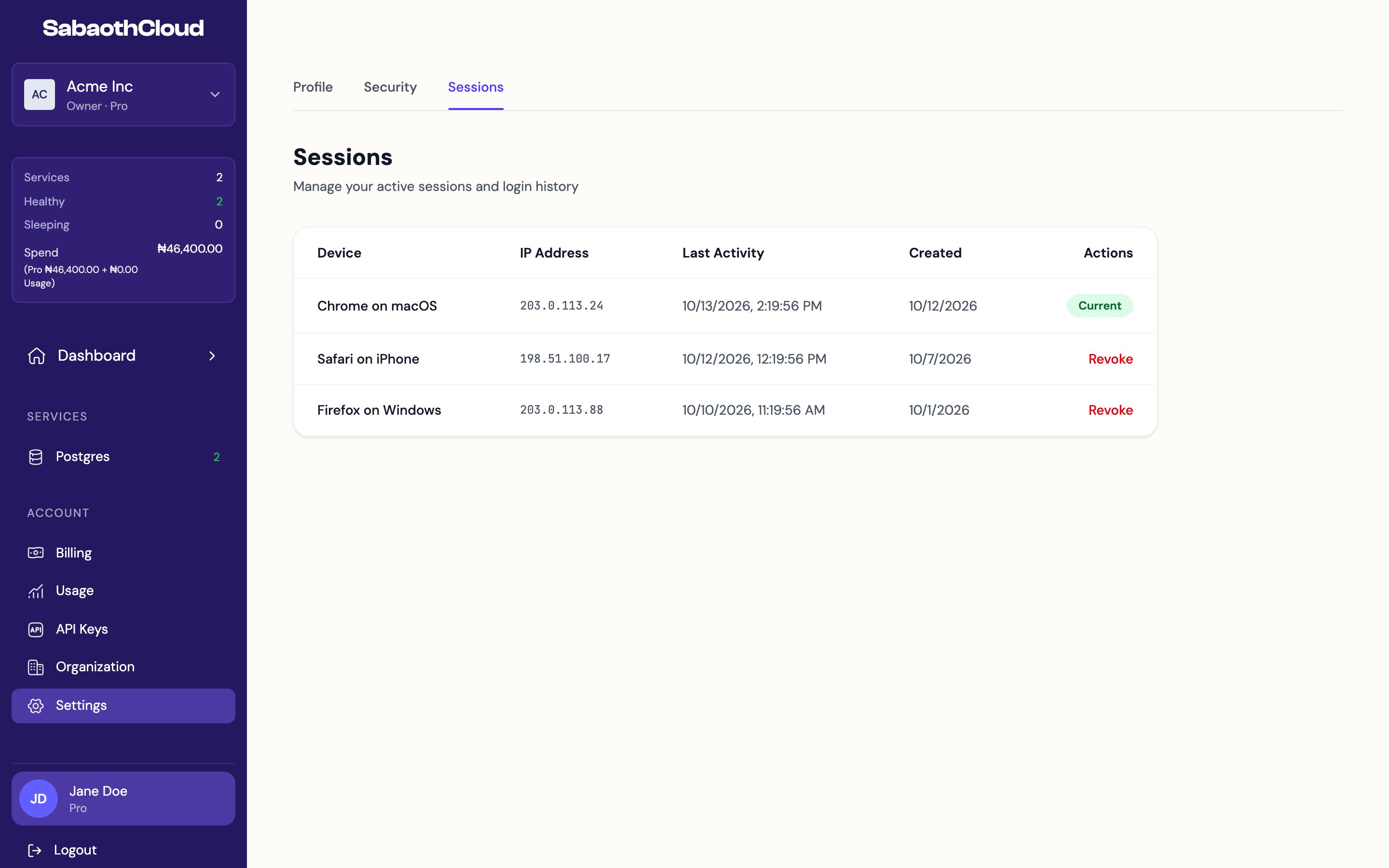 The Sessions tab listing active sessions