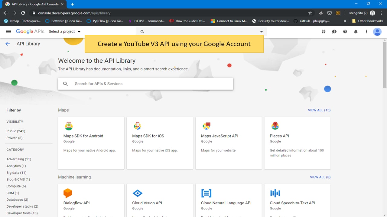Create a Youtube V3 API using google account for Youtube API integration with safesquid