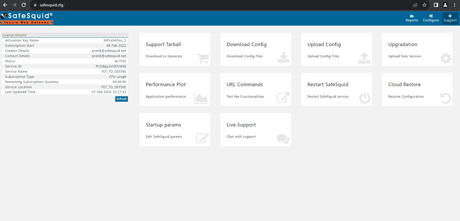 accessing safesquid web interface and going to support