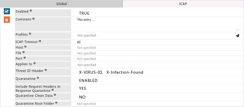 ICAP policy form with Enabled, Comment, Profiles, Host, Port