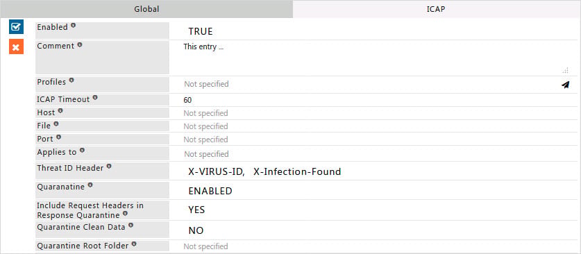 ICAP policy form with Enabled, Comment, Profiles, Host, Port