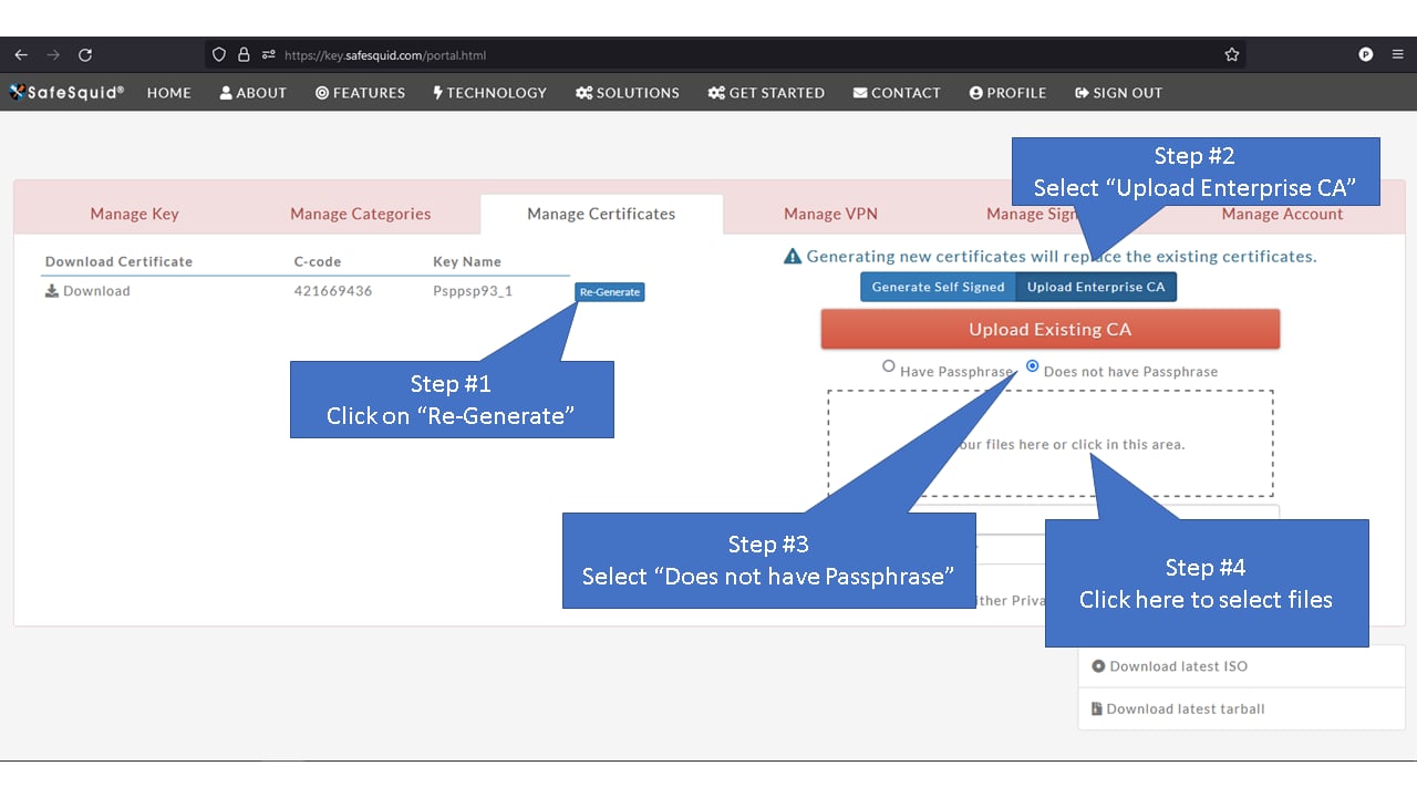 Upload enterprise CA without passphrase