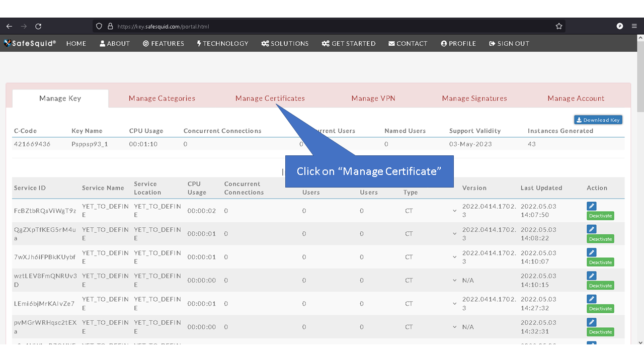Manage Certificate button