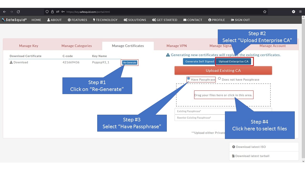 Upload enterprise CA with passphrase