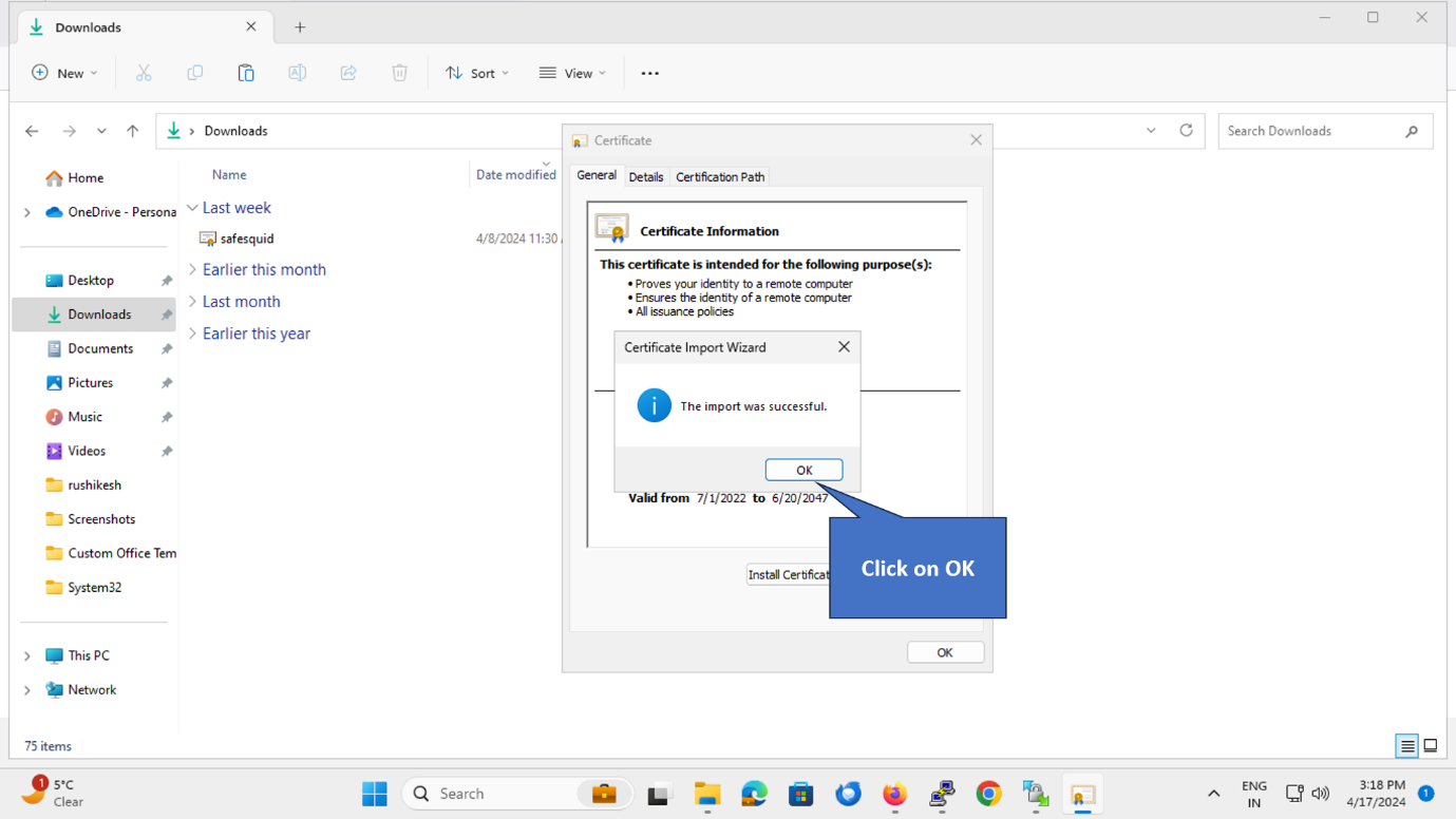 Import successful confirmation