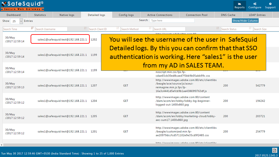 Confirming SSO authentication by seeing the username in SafeSquid detailed logs