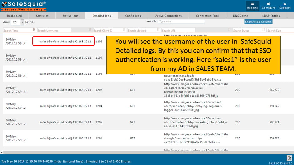 Confirming SSO authentication by seeing the username in SafeSquid detailed logs