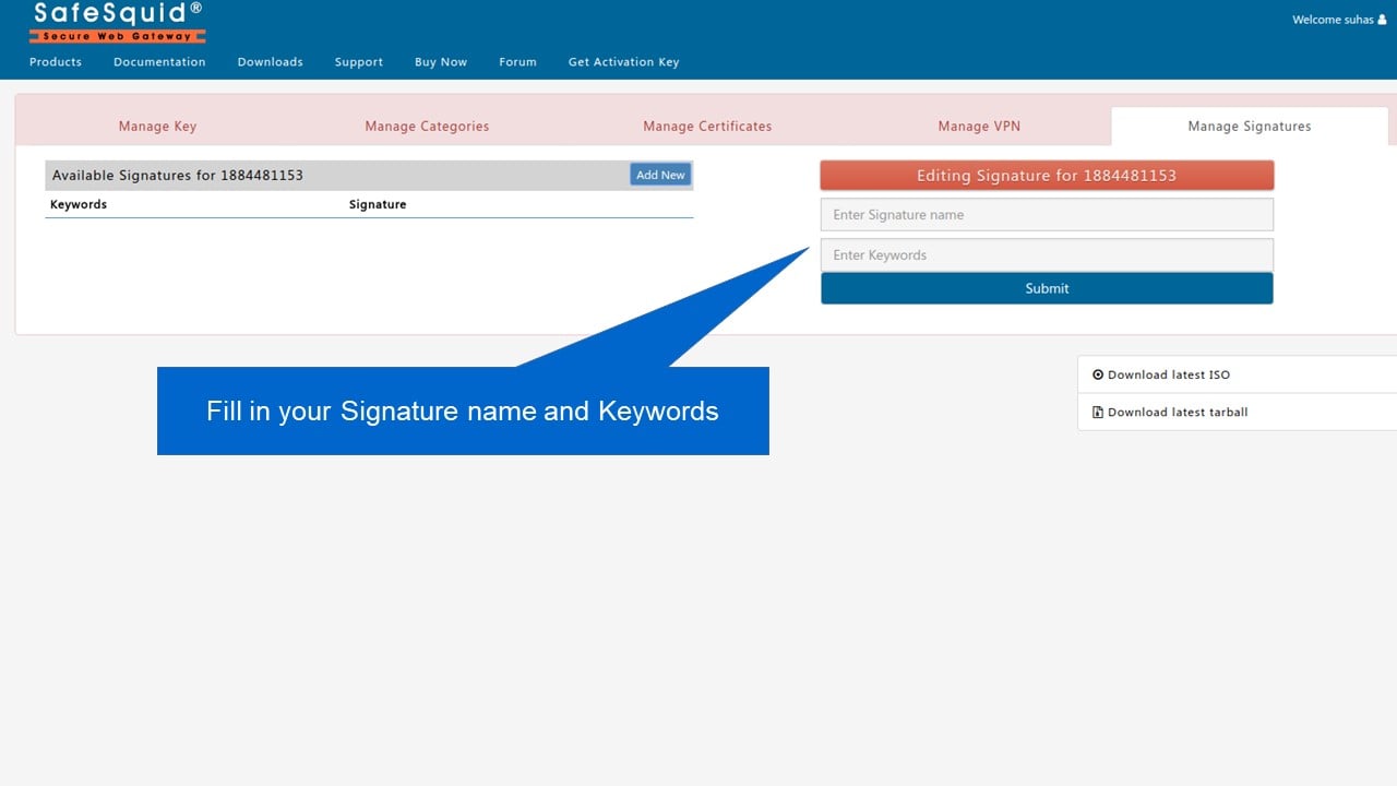 Fill up signature name and keywords to manage malware signatures using self service portal